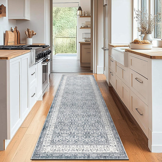 jinchan Hallway Runner Rug 2x8 - Machine Washable Grey Vintage Floral Distressed Design Soft Non-Slip Low-Pile Ultra-Thin Runner Rug for Kitchen Laundry Room Bedroom Farmhouse (2‘x8',Grey)