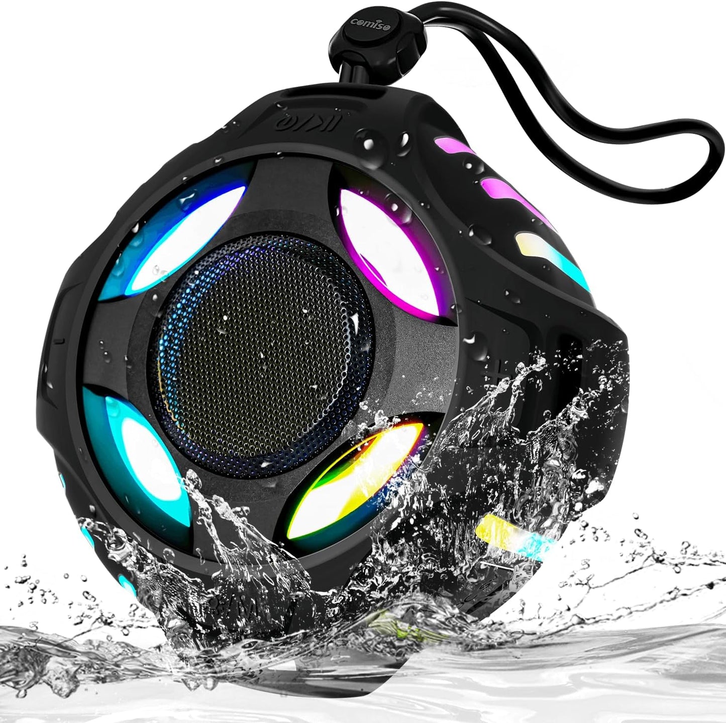 comiso Waterproof Speaker with Robust Bass, Shower Speaker with Dynamic Light, TWS Mode, Loud HD Sound, IP67 Waterproof, 2000mAh, Portable Wireless Speakers for Home, Outdoor/Kayak, Gift for Unisex.