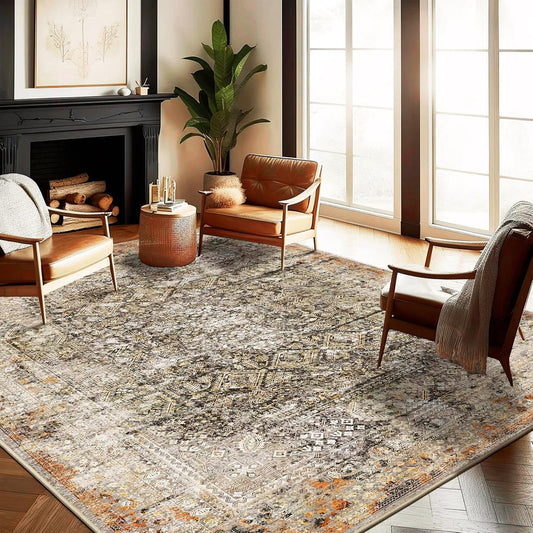 Area Rug 9'x12' Washable Vintage Traditional Mat Distressed Indoor Foldable Thin Retro Accent Floral Print Non Slip Carpet for Living Room Dining Room Office Large Rugs