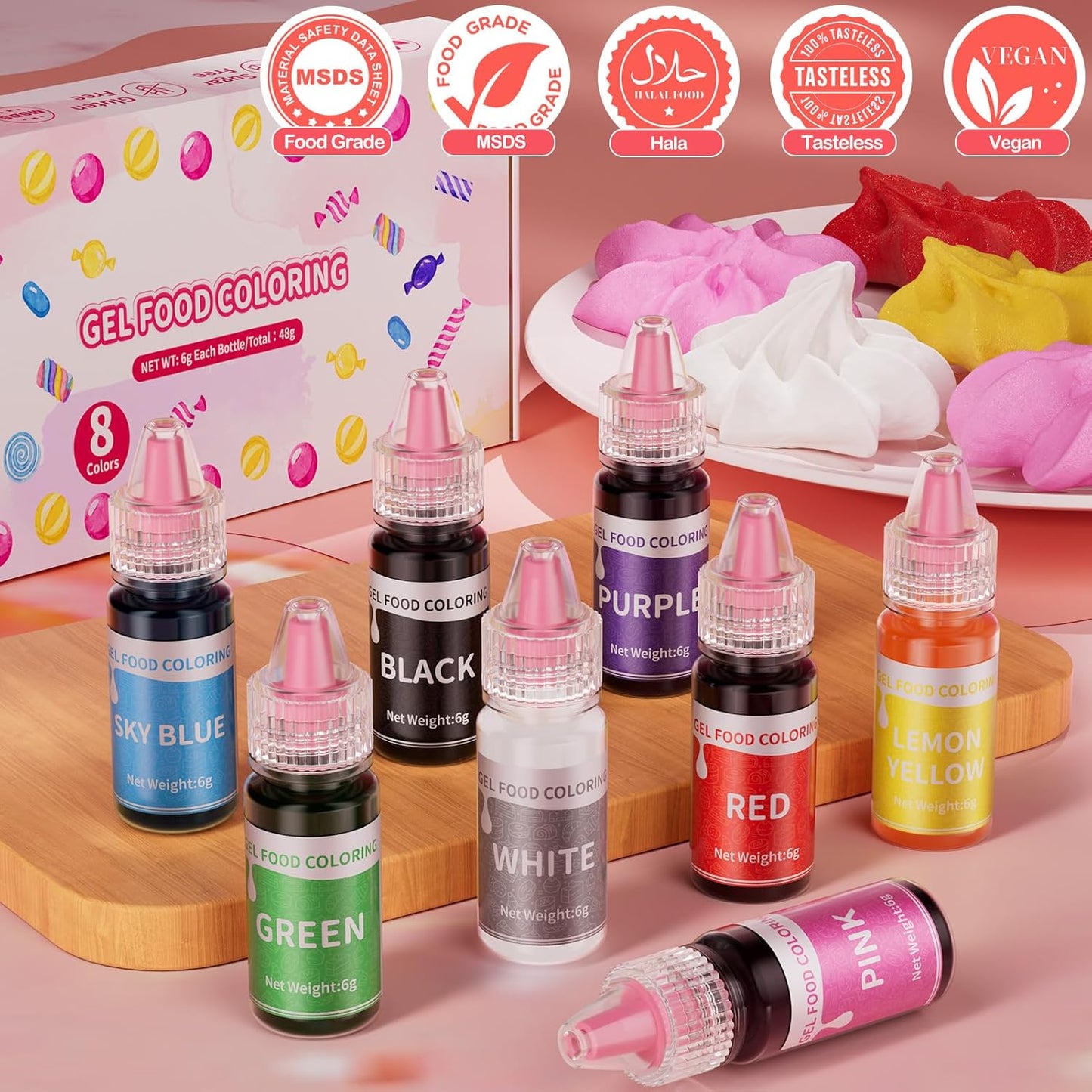 Gel Food Coloring Set - 8 Colors Concentrated Gel Based Food Color Food Grade Dye Flavorless Vibrant Edible Food Coloring for Cake Cookie Decorating Easter Egg Icing Fondant Baking Macaron - 6g/Bottle