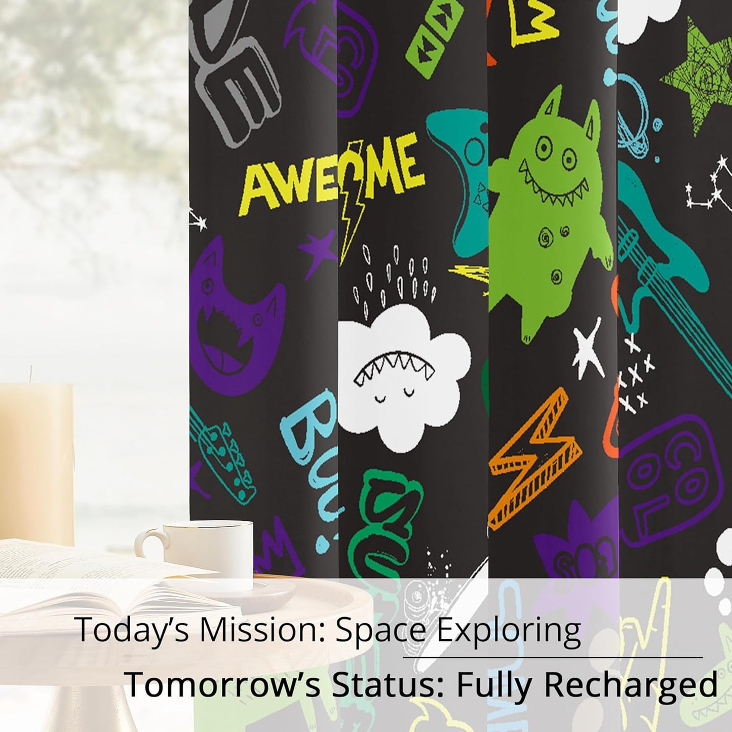 Kids Teen Graffiti Space Blackout Curtains - 100% Blackout, Thermal Insulated, Noise Reducing, Perfect for Kids Room and Nursery, 2 Panels (Graffiti Space Vibes, W52×L63)