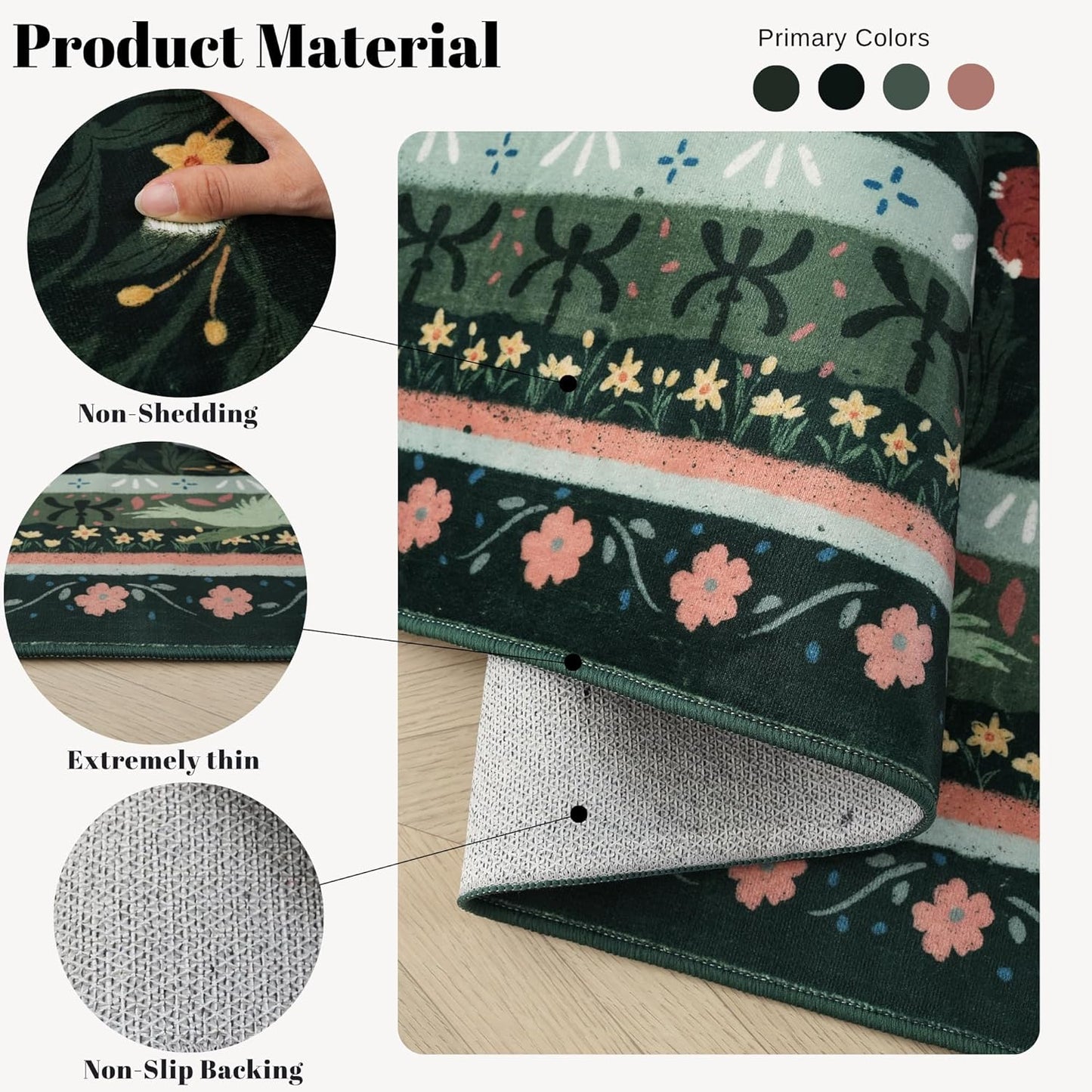 Area Rug 4x6 Rug Washable Vintage Floral Botanical Rugs Non Slip Low Pile Small Carpet for Bedroom, Bedside, Kids Room, Office, Dining Room, Green