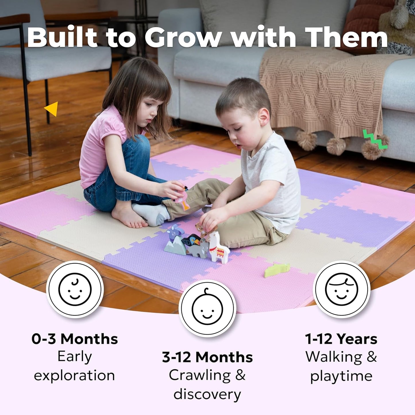 MioTetto Foam Floor Tiles for Kids - Non-Toxic Soft Comfortable Baby Play Mat, Thick Tummy Time Mat, Interlocking Foam Tiles for Development & Crawling, Soft Cushioned Play mat for Babies 6-12 Months