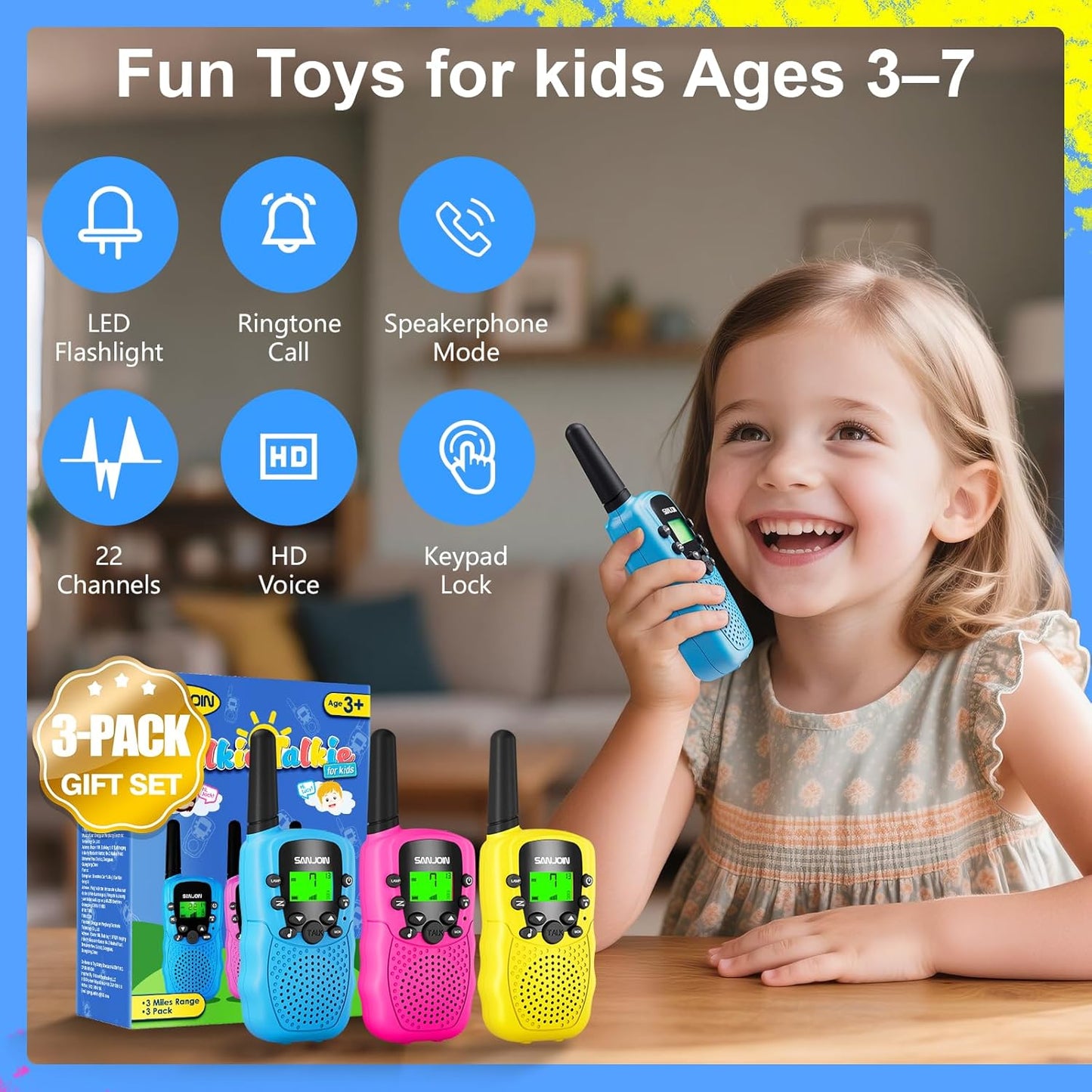 Walkie Talkies for Kids Toys for Boys Girls 4-6, 3 Miles Range Walkie Talkie to Camping, Outdoor 4 Year Old Girl Birthday Gifts for 3 4 5 6 7 Year Old Boy Girl Gifts Age 6-8 (Blue&Pink&Yellow)