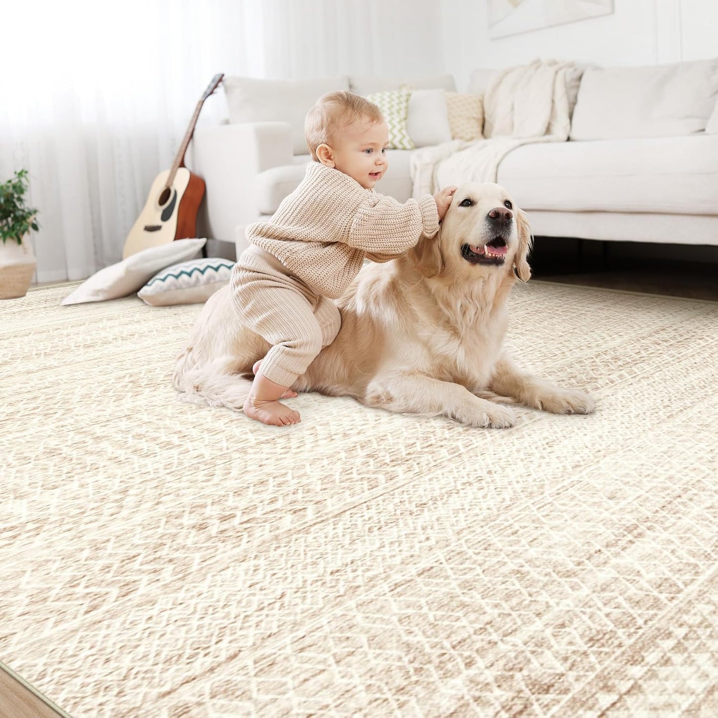 Large Living Room Area Rug 8x10, Machine Washable Vintage Boho Moroccan Rugs Geometric Neutral Rug Non-Shedding Low Pile Distressed Farmhouse Carpet for Bedroom Dining Table Office(8'x10',Ivory Beige)