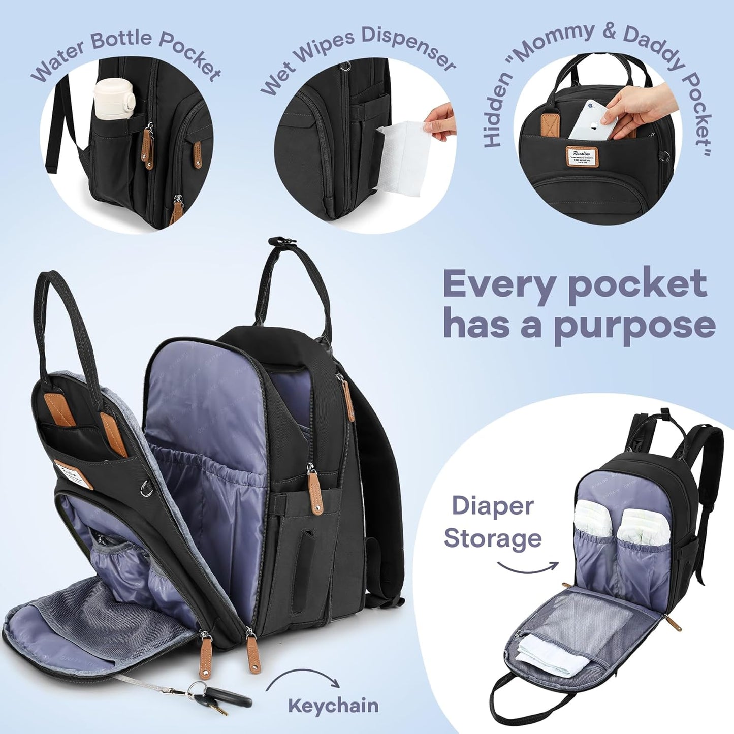RUVALINO Diaper Bag Backpack-Expandable Baby Bag with up to 50% Capacity -Baby Essentials Bag with Changing Pad Insulated Bottle Holders & Pacifier Case, Waterproof, Black XL