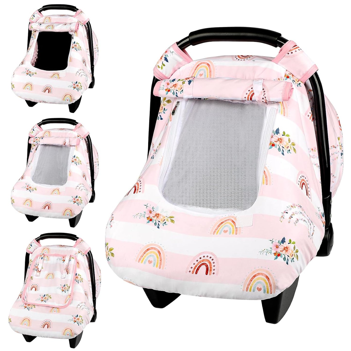 Pea Pod Car Seat Cover Baby, Infant Car Seat Canopy Covers for Newborn with 2 Layers Windows of Breathable Mesh Fabric, Lightweight Polyester/Soft Minky Dot Backing (Floral & Rainbow)