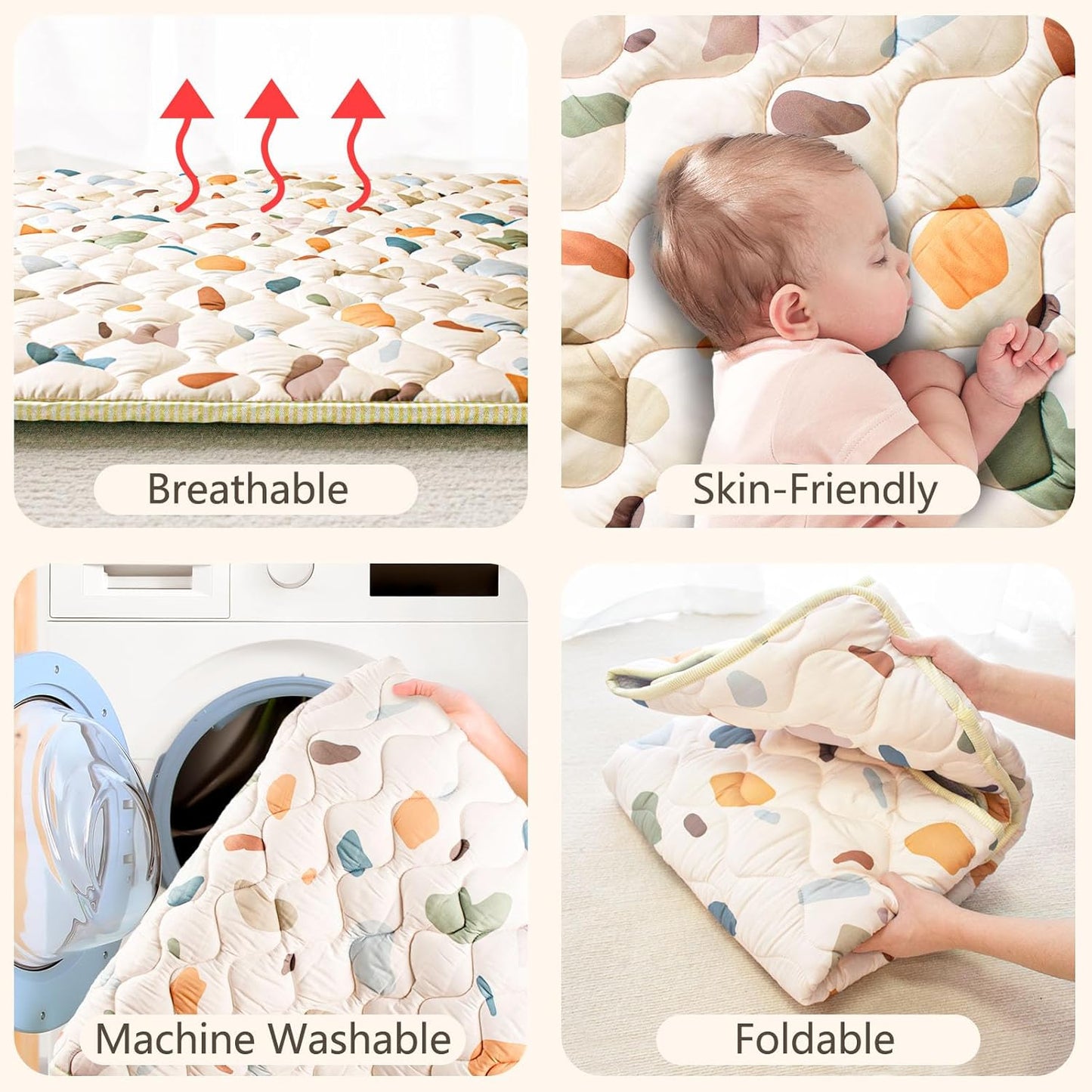 Baby Play Mat, 50x50 Playpen Mat with Super Soft Touch, Activity Playmat with Upgraded Anti-Slip Bottom, Machine Washable Crawling Mat for Floor & Picnic(Boho Color Blocks)