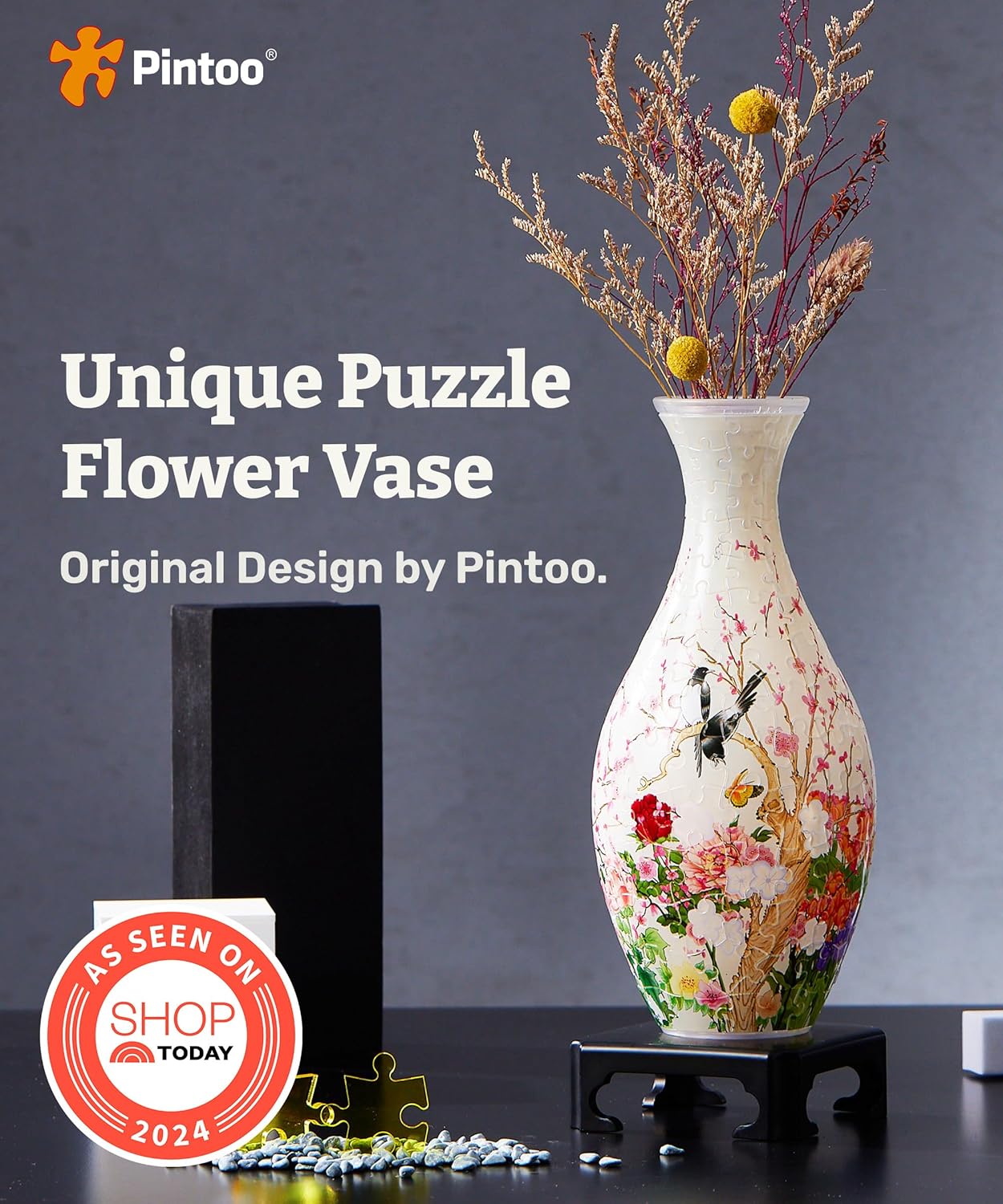 Pintoo 3D Puzzle Vase Unique Flower Vase Made by 160 Curved Plastic Puzzle Pieces House Warming Gift for Flower Arrangements and Home Decoration - [S1035] (Translucent, Flowers and Birds)
