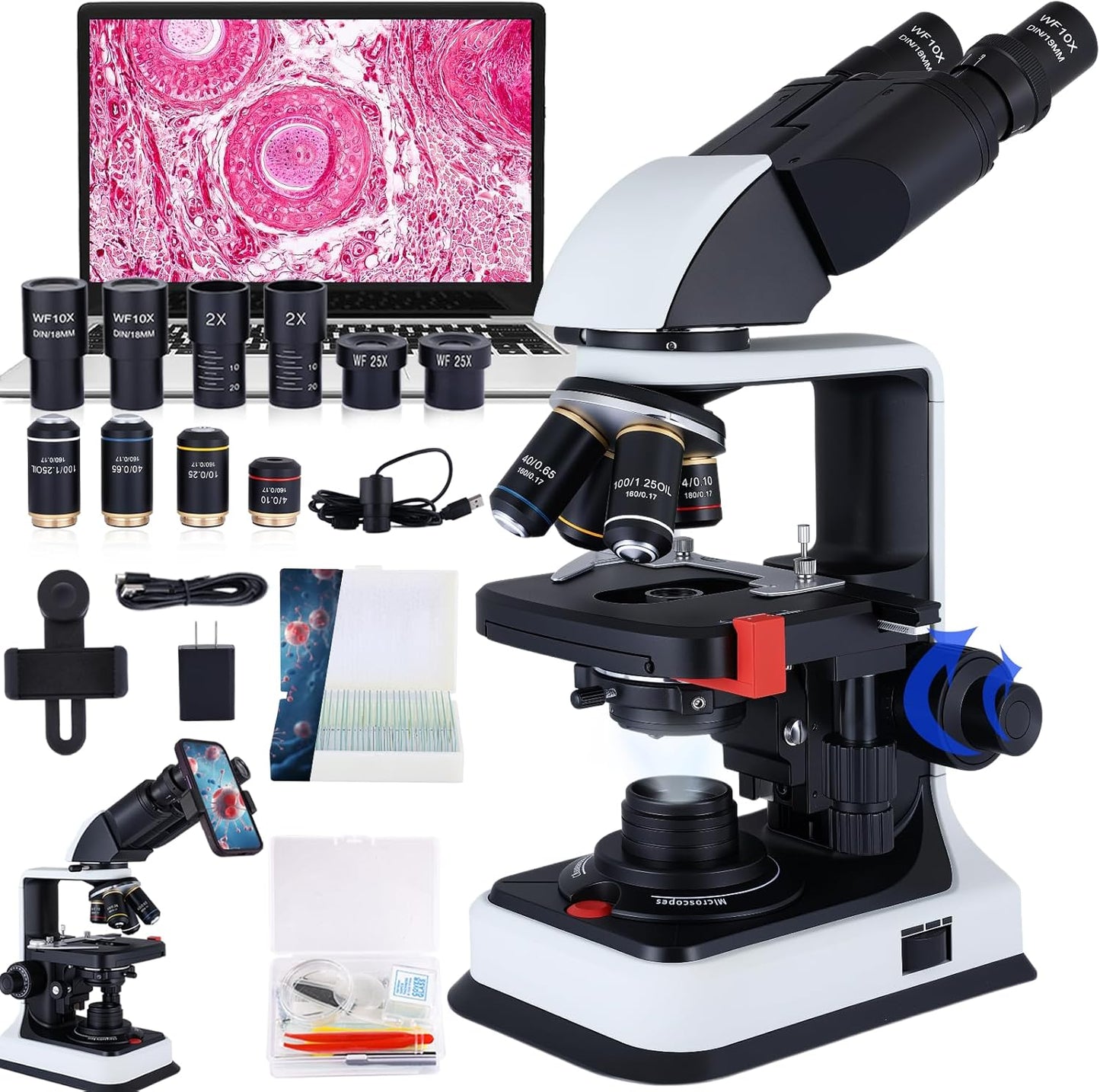 40X-2500X Binocular Microscope, WF10x and WF25x Eyepieces, LED Illumination, with Specimen Handpiece Holder, for Beginners, Microscope for Adults