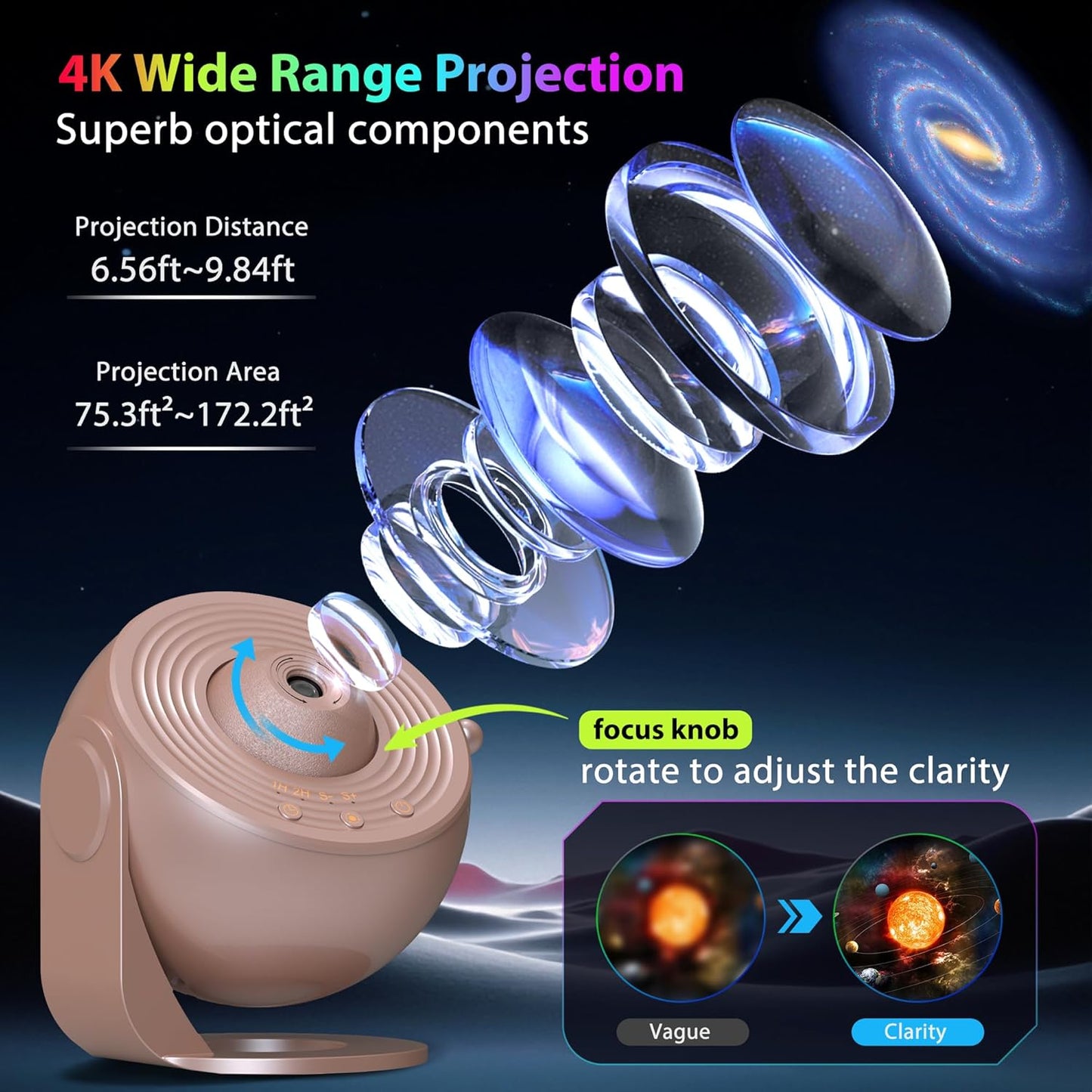 Galaxy Projector for Bedroom, HD Image Star Projector Galaxy Light Adjustable Knob, 13 Film Discs Planetarium Projector for Kids, 360° Rotating 1/2h Timer Simple 3-Button Control