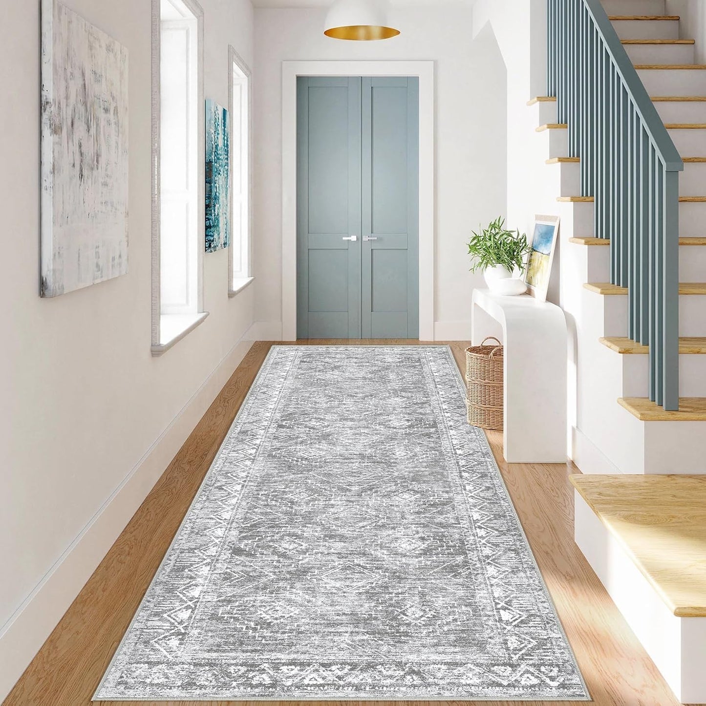 Moroccan Runner Rug 2x6 - Washable Boho Geometric Rugs Non-Slip Entryway Rug, Soft Neutral Farmhouse Runners for Hallway Bedroom Bathroom Laundry Staircase Foyer (2 x 6, Grey)