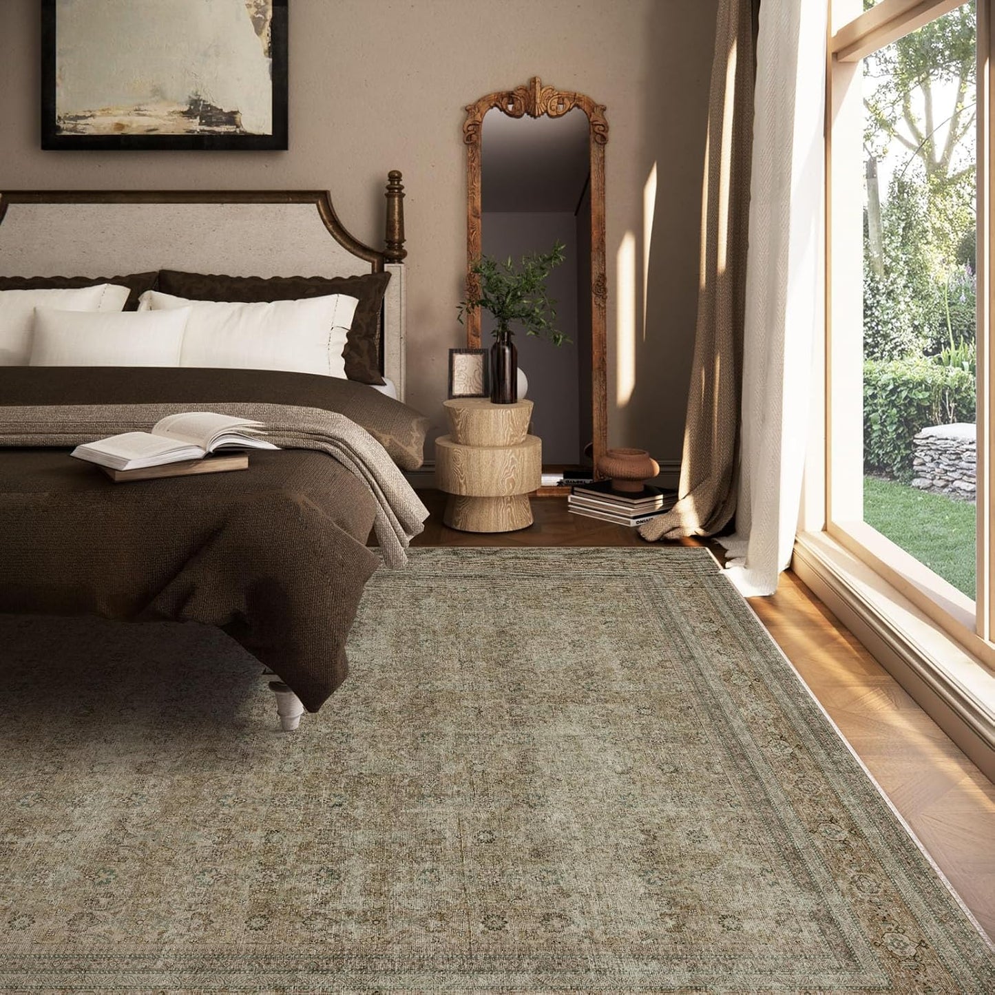 Washable Area Rugs for Living Room: 6x9 Bedroom Rug Boho Vintage Rugs Stain Resistant Non Slip Low Pile Lightweight Soft Carpets for Dining Room Kitchen Nursery Kids Room Farmhouse Living Room