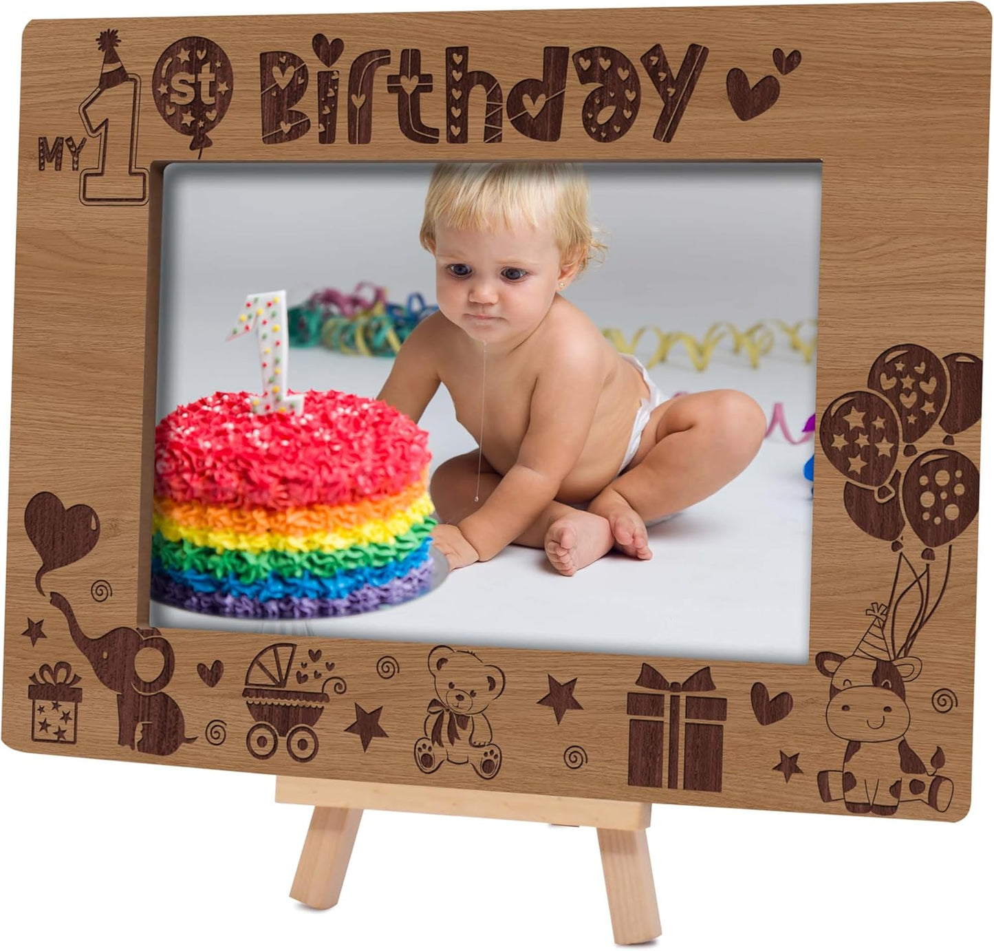 My 1st Birthday Picture Frames, Natural Wooden 4x6 Photo Frame with Easel, Baby First Year Birthday Gifts for Home Office Tabletop Display - G10
