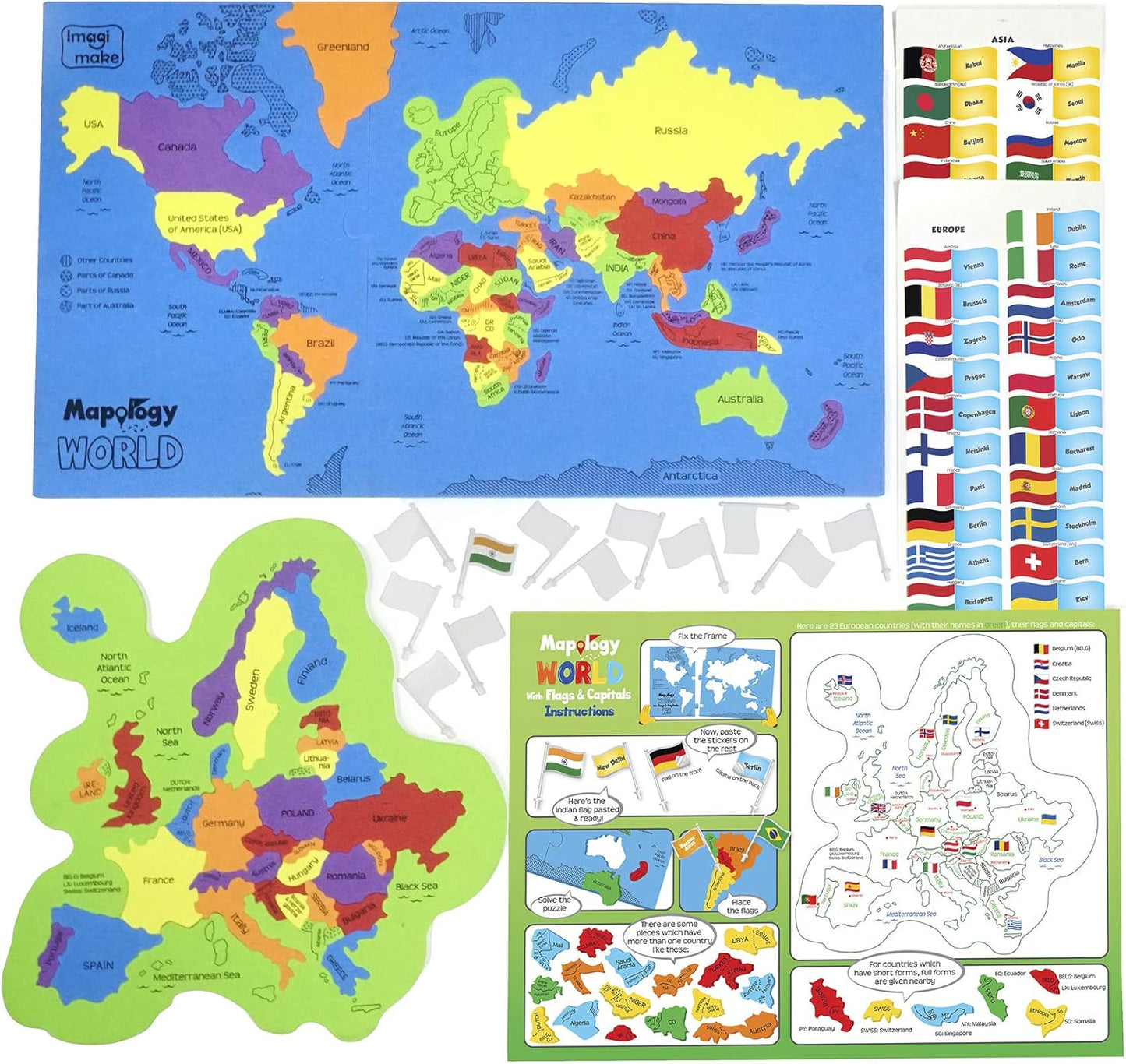 Imagimake Mapology USA & World Map Puzzle with Flags, Capitals, Stickers | Educational Toys for Ages 5-7 | Jigsaw Puzzles for Kids Ages 8-10 | Geography Toys for Ages 8-13 | 6 Year Old Boy/Girl Gifts