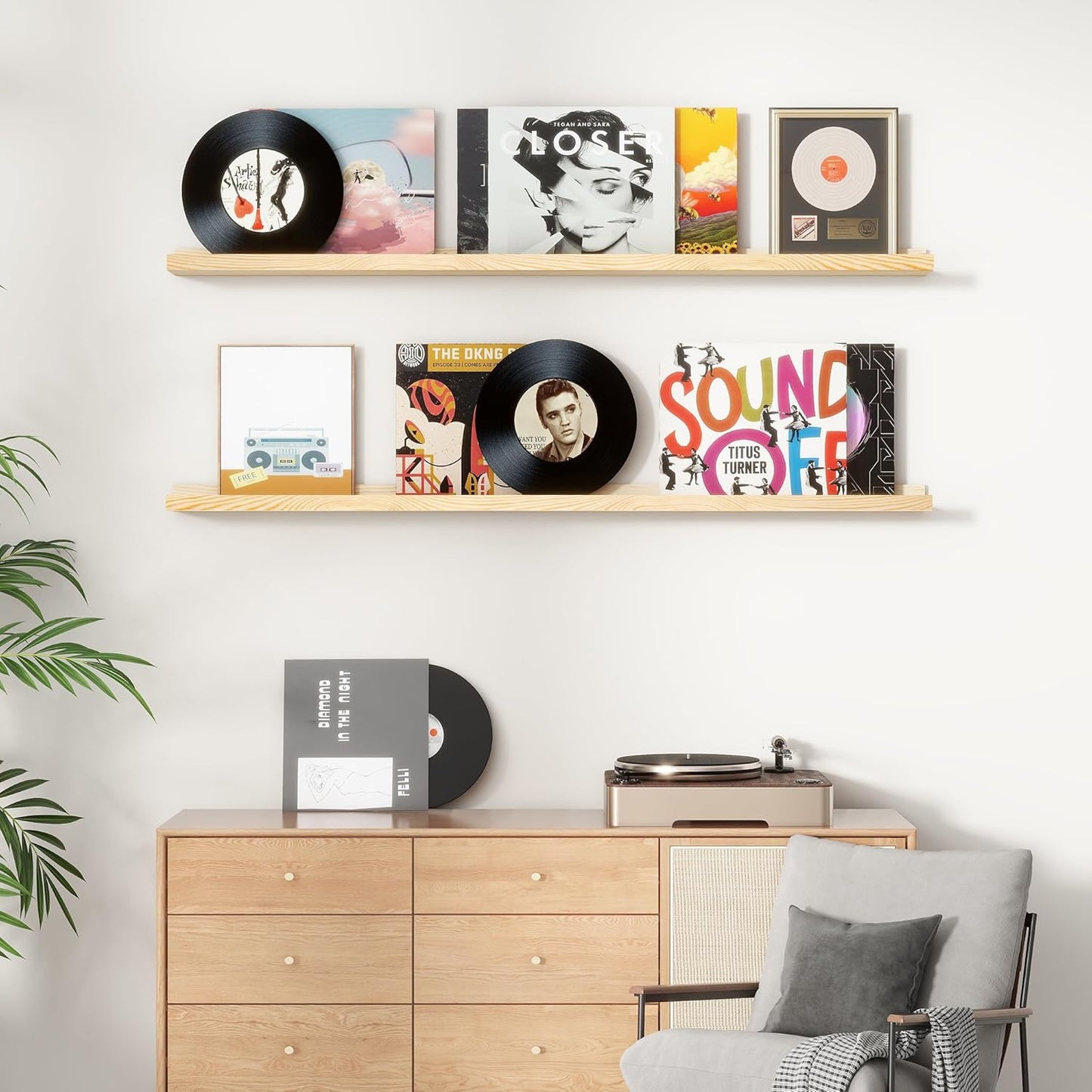 Picture Ledge Shelf, Floating Shelves Set of 2, Solid Pine Wood 55'' Long Large Nursery Book Shelves for Toys Storage, Kids Bookshelf for Living Room Bedroom Decor Books Photo Frames, Natural