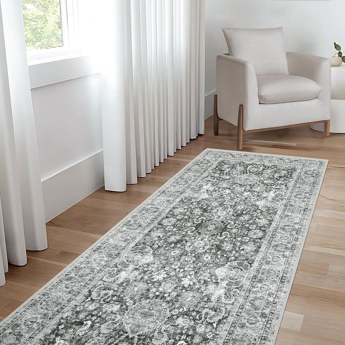 Grey Rug Runner 3x7 Ft Washable Hallway Runner Rug Runner Non-Slip Boho Vintage Runner Rugs with Rubber Backing Soft Distressed Carpet for Kitchen Bedroom
