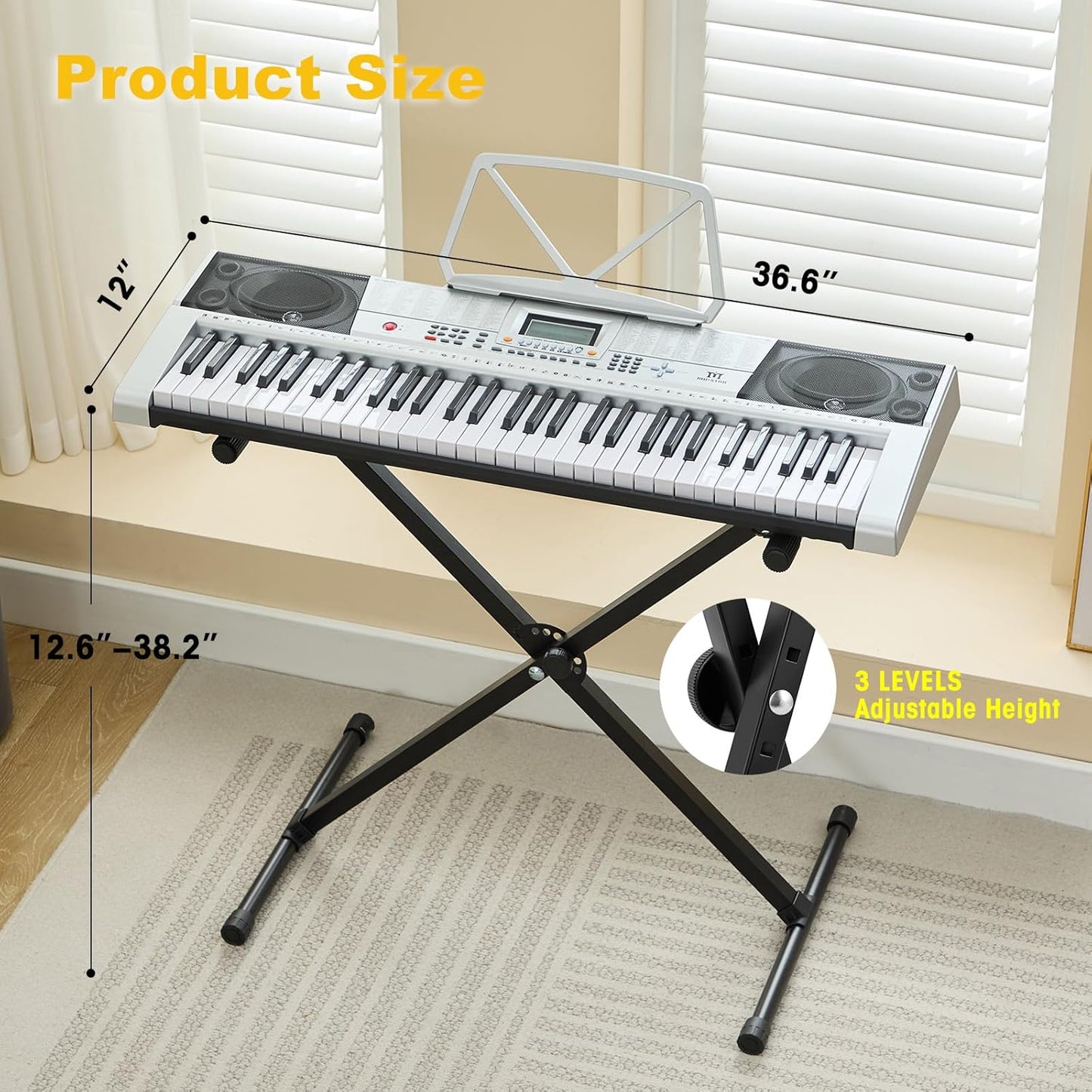 MUSTAR 61 Key Piano Keyboard, MEKS-400 Electric Piano Keyboard with Lighted Up Keys, Learning Keyboards Piano for Beginners, Piano Stand, LCD Screen, Headphones, Microphone