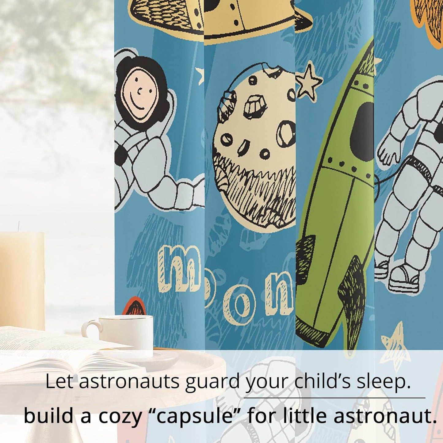 Kids Astronaut and Rocket Blackout Curtains - 100% Blackout, Thermal Insulated, Noise Reducing, Bring The Cosmos Closer to Your Kid’s Room, 2 Panels (Moonbound Adventure, W52×L63)