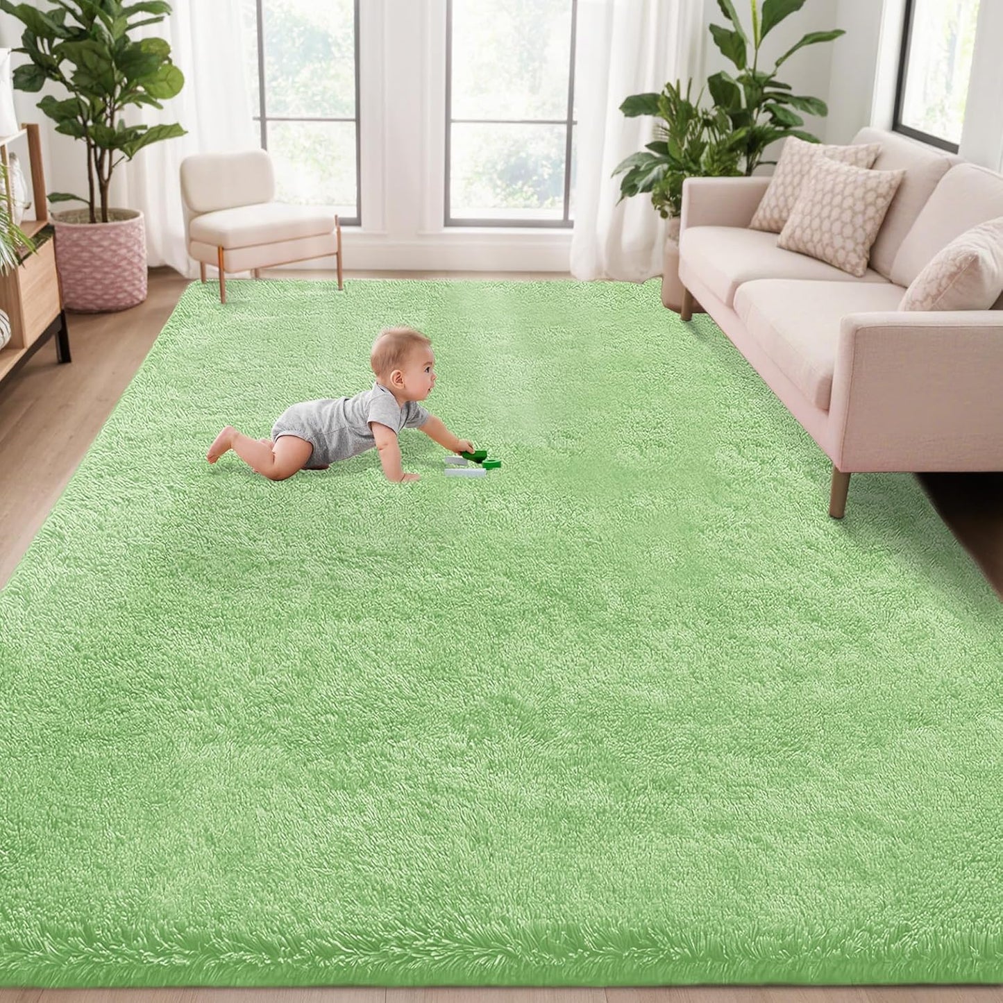 5x7 Area Rug for Living Room: Fluffy Shag Soft Washable Rugs Fuzzy Plush Indoor Carpet for Bedroom Nursery Playroom Dorm Kids Girls Boys Room (Sage Green, 5'x7')