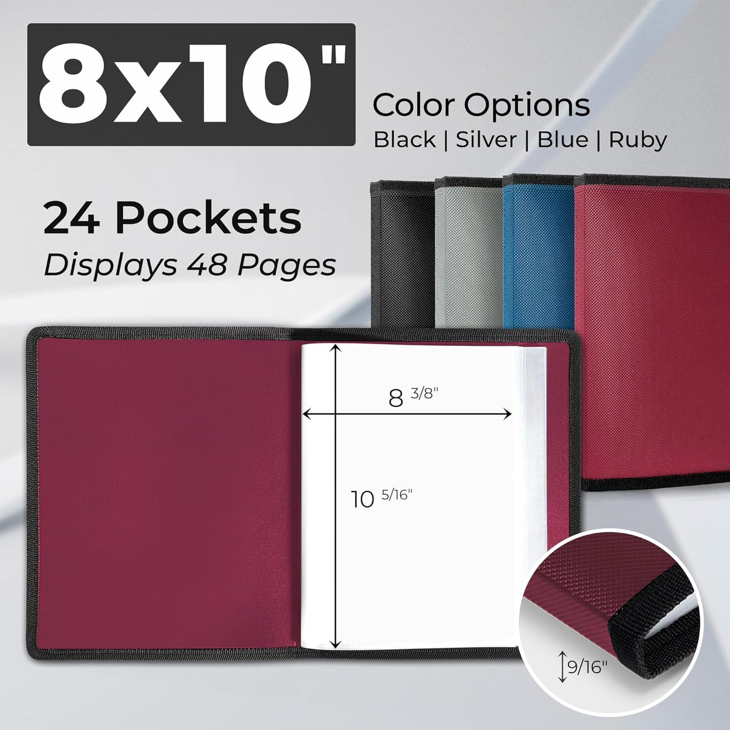 Dunwell Photo Album 8x10 (Ruby) with Black Mounting Paper, 8 x 10 Photo & Art Portfolio Presentation Book, 24 Clear Sleeves, Each Shows 48 Pages, Professional Photography Book for Pictures, Artwork