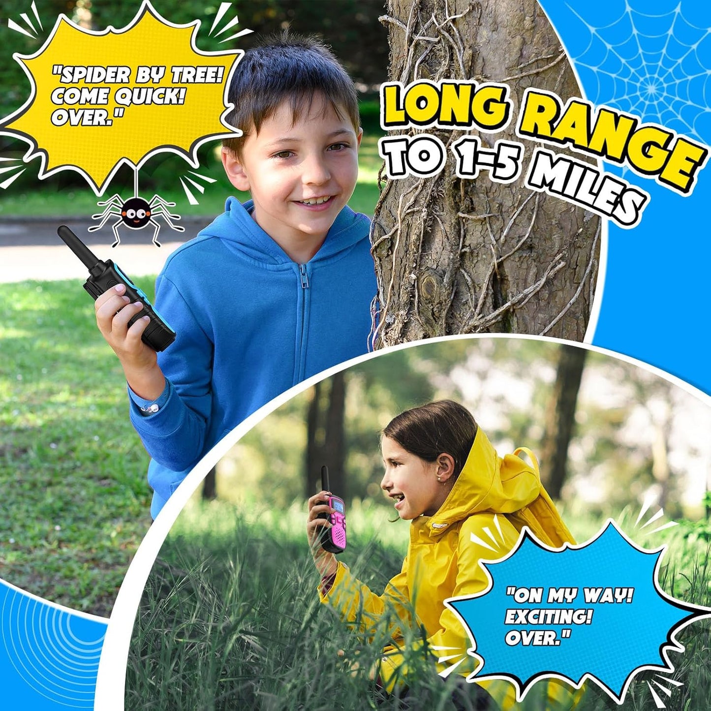 Wishouse Walkie Talkies for Kids Rechargeable Long Range,Xmas Birthday Gift for 4 5 6 7 8 9 Year Old Boys Girls,Hiking Gear Camping Games Cool Toys with NOAA,SOS Siren,Lamp,Lanyards,Easy to Use,4 Pack