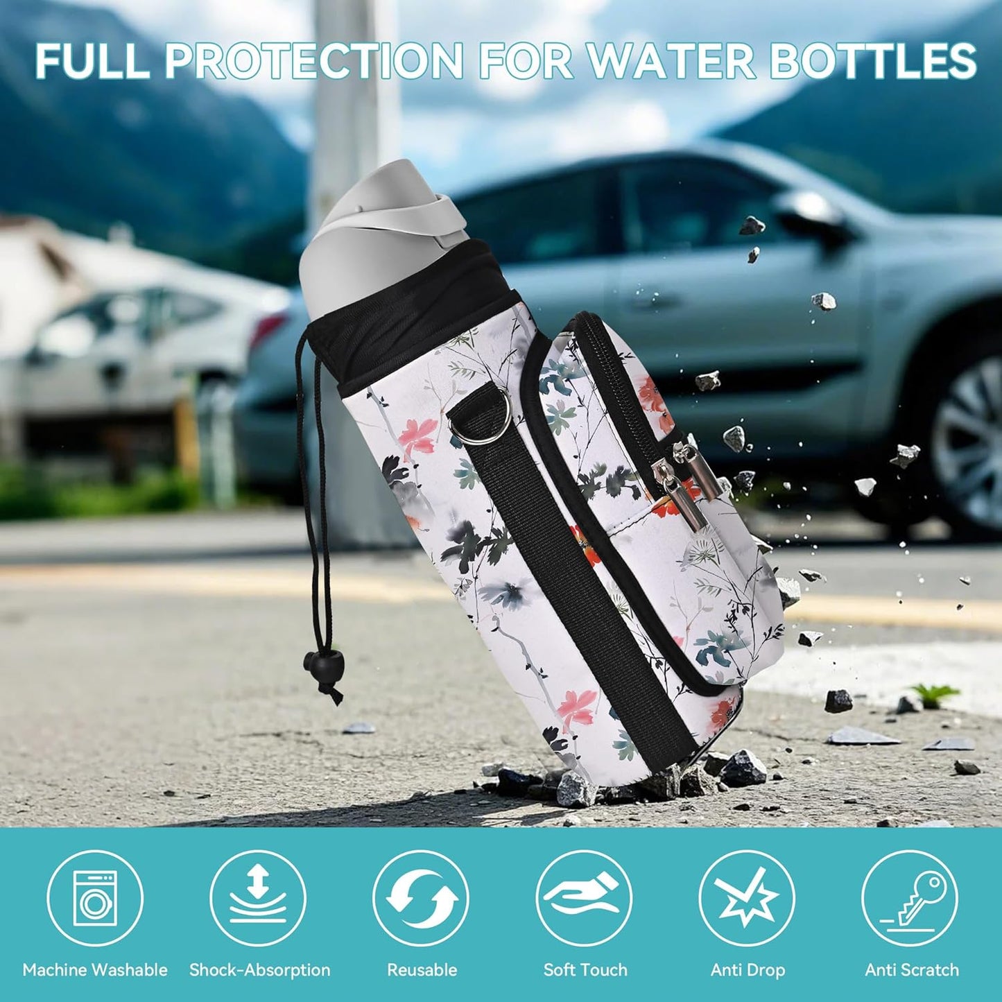 icolor Water Bottle Carrier Bag with Strap 25/32/40 oz Crossbody Bottle Holder with Phone Pocket Sling Sleeve Insulated Neoprene Water Bottle Pouch for Walking Travelling