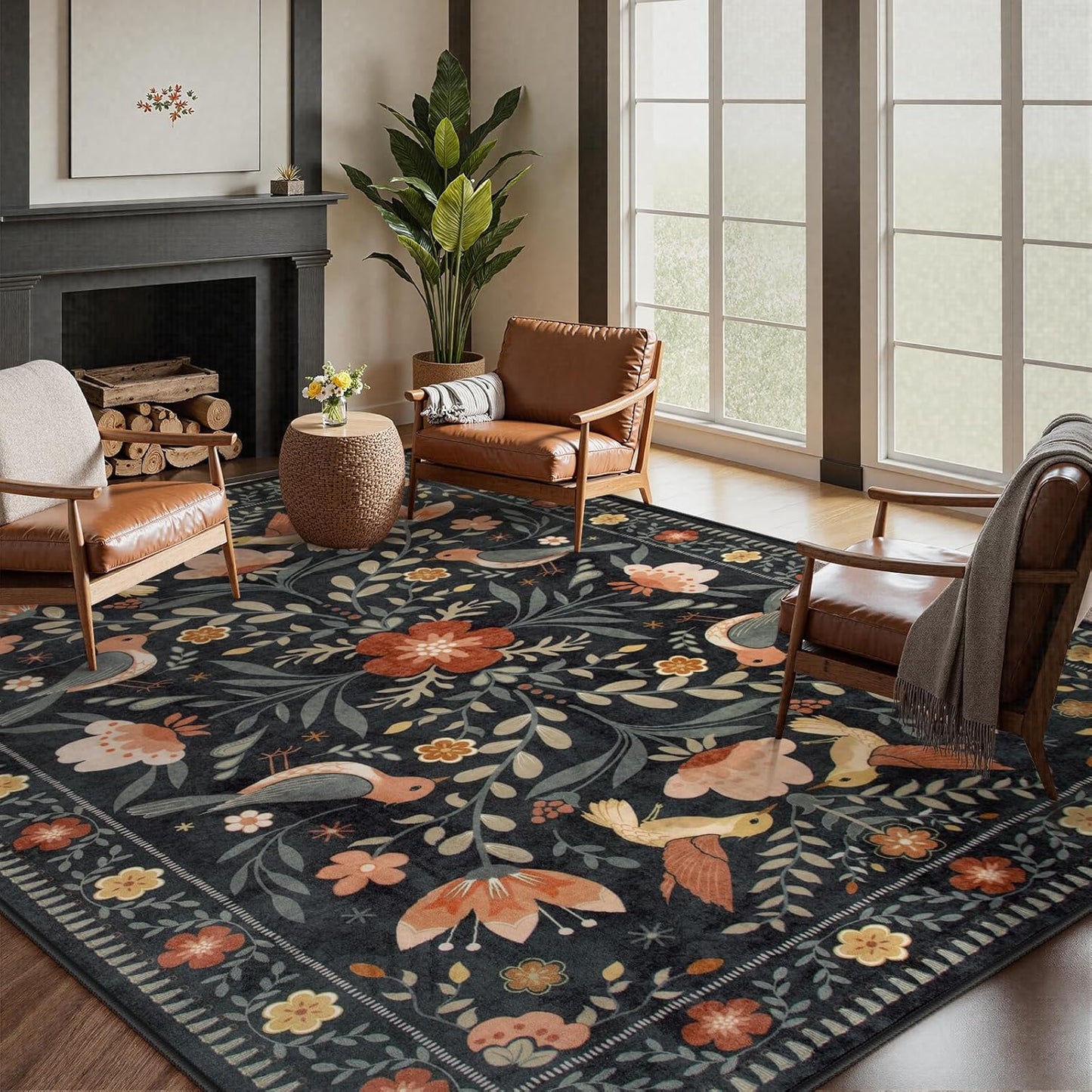 Moynesa Boho Bird 5x7 Area Rugs for Living Room, Black Floral Living Room Rug 5x7 Washable Low-Pile Bedroom Rug Non Slip, Vintage Soft Jungle Animal Floor Carpet for Nursery Playroom