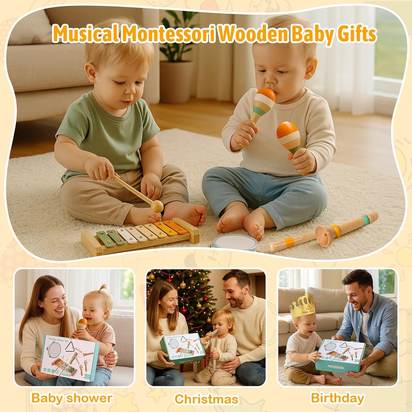 Baby Musical Instruments - Wooden Montessori Toys for Toddlers 1-3, Baby Musical Toys Percussion Instruments Set with Xylophone Tambourine, Neutral Preschool Educational Baby Toys for Boy Girls Gifts