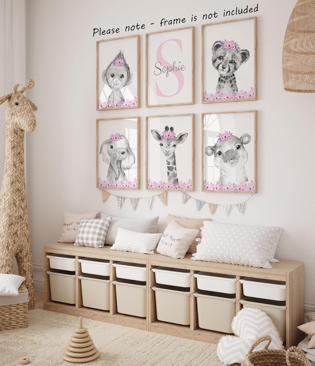 Personalized Safari Animals for Baby Girls Nursery Bedroom Unframed Set of 6 Poster Prints, Personalized Name Pink Purple Flowers Wall Art Decor New Baby Gift Present, Elephant Giraffe Panda Zebra Lion (8x10)
