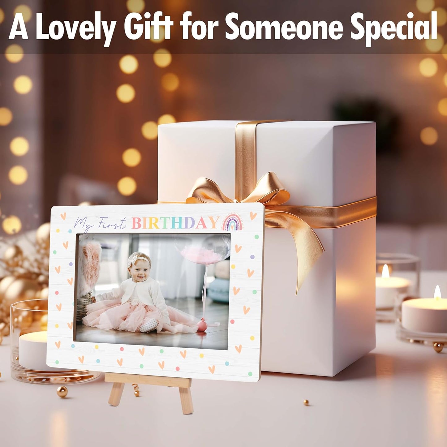 My 1st Birthday Picture Frames, Rainbow Wooden 4x6 Photo Frame with Easel, Baby First Year Birthday Gifts for Home Office Tabletop Display Decorations - G05