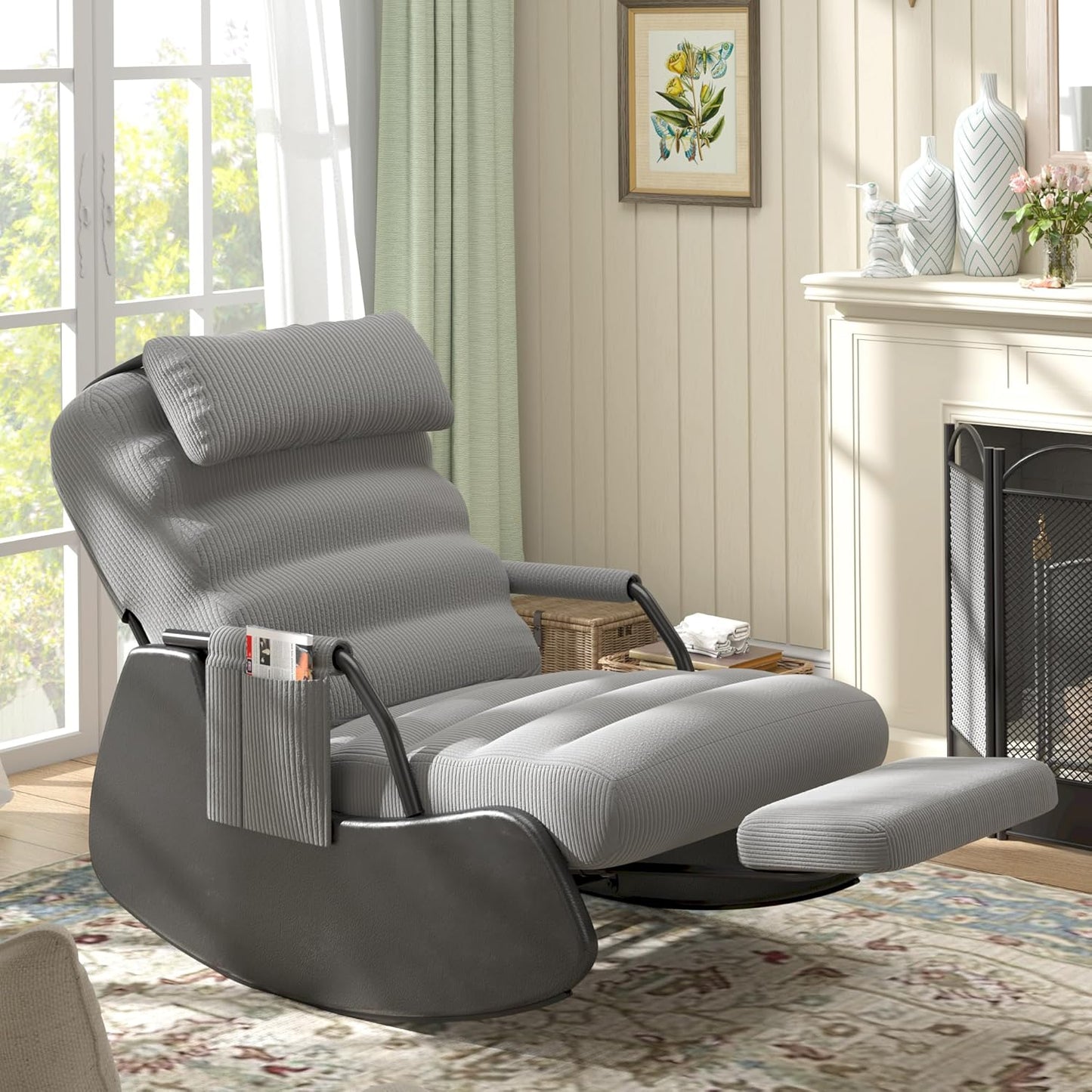 Polar Aurora Nursery Rocking Chairs with Soft Seat and Headrest,Corduroy Fabric Accent Chair with Side Pocket,Glider Rocking Chair for Bedroom/Living Room/Nursery(Dark Grey/Black)