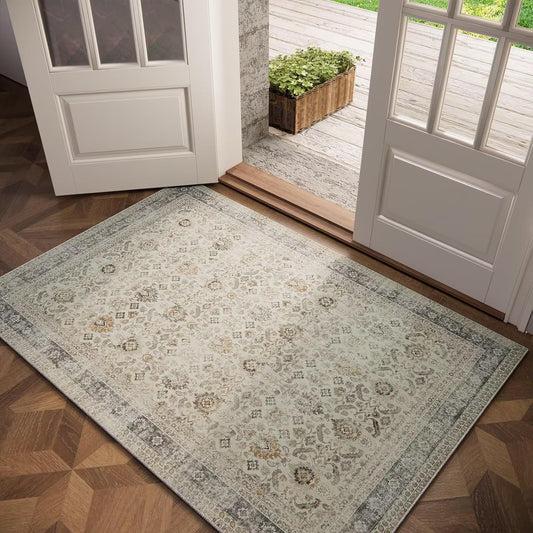 Washable 3x5 Entryway Rug Indoor, Boho Non-Slip Silicone Backing Small Rugs for Kitchen Nursery Office Bedroom, 0.3" Neutral Oriental Throw Carpet with 0.16" Cushioning Pad, Grey/Multi