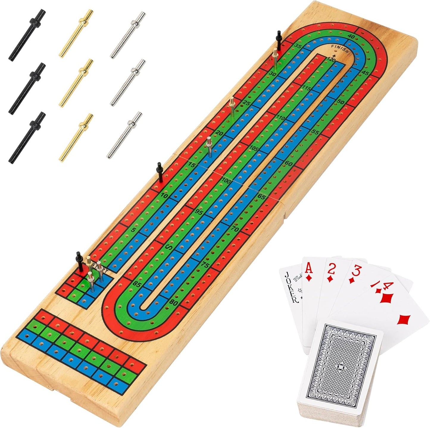 FUNPENY Traditional Wooden Cribbage Board Game Set, 3-Track Color Coded with Metal Pegs and Deck of Playing Cards