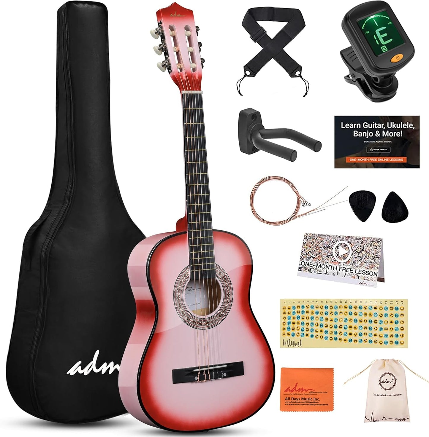 ADM Beginner Acoustic Classical Guitar 34 Inch Nylon Strings Wooden Guitar Bundle Kit for Kid Boy Girl Student Youth Guitarra Online Lessons with Gig Bag, Strap, Tuner, Strings, Picks, Pink