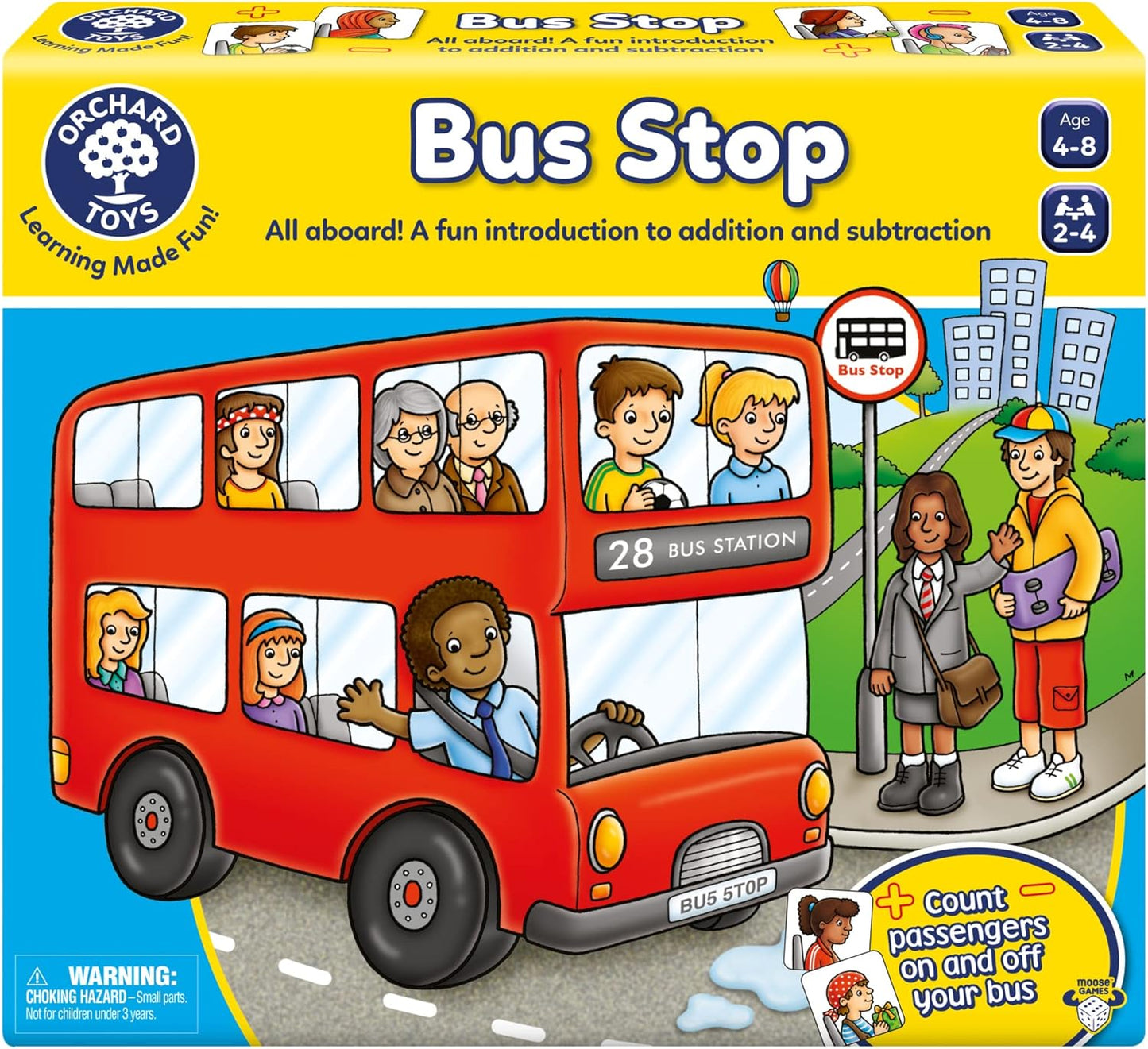 Orchard Toys Moose Games Bus Stop Game. A Fun Introduction to Addition and Subtraction. Pick up and Drop Off Passengers on Your Bus. for Ages 4-8 and for 2-4 Players