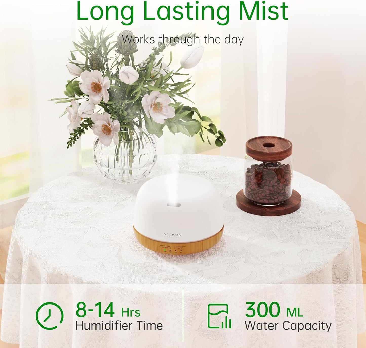 ASAKUKI Essential Oil Diffuser, 300ml Ultrasonic Aromatherapy Oil Humidifier with 7 Colors Lights 2 Mist Mode for Home
