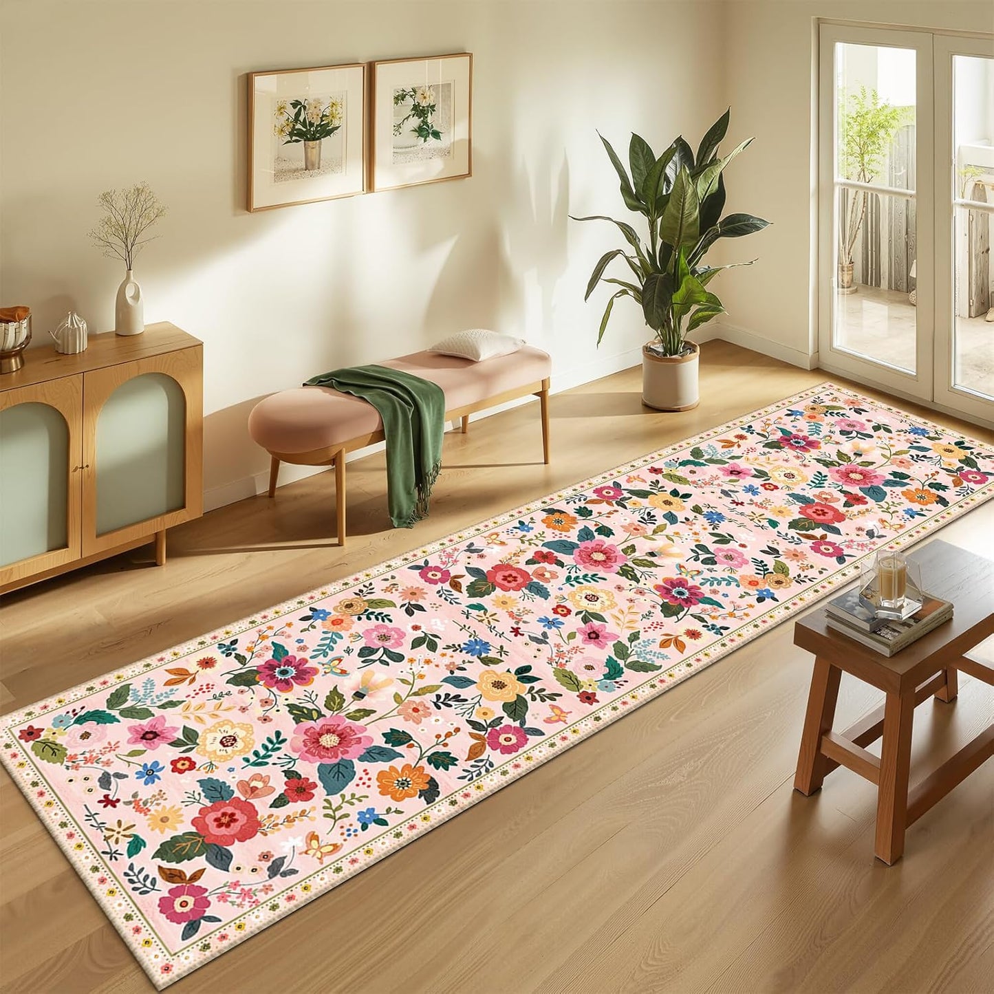 Floral 2x10 Area Rug Machine Washable Soft Print Boho Carpet Non Slip Doormat Low Pile Flower Area Rugs for Living Room Bedroom Nursery Kitchen Dining Room Indoor-Pink
