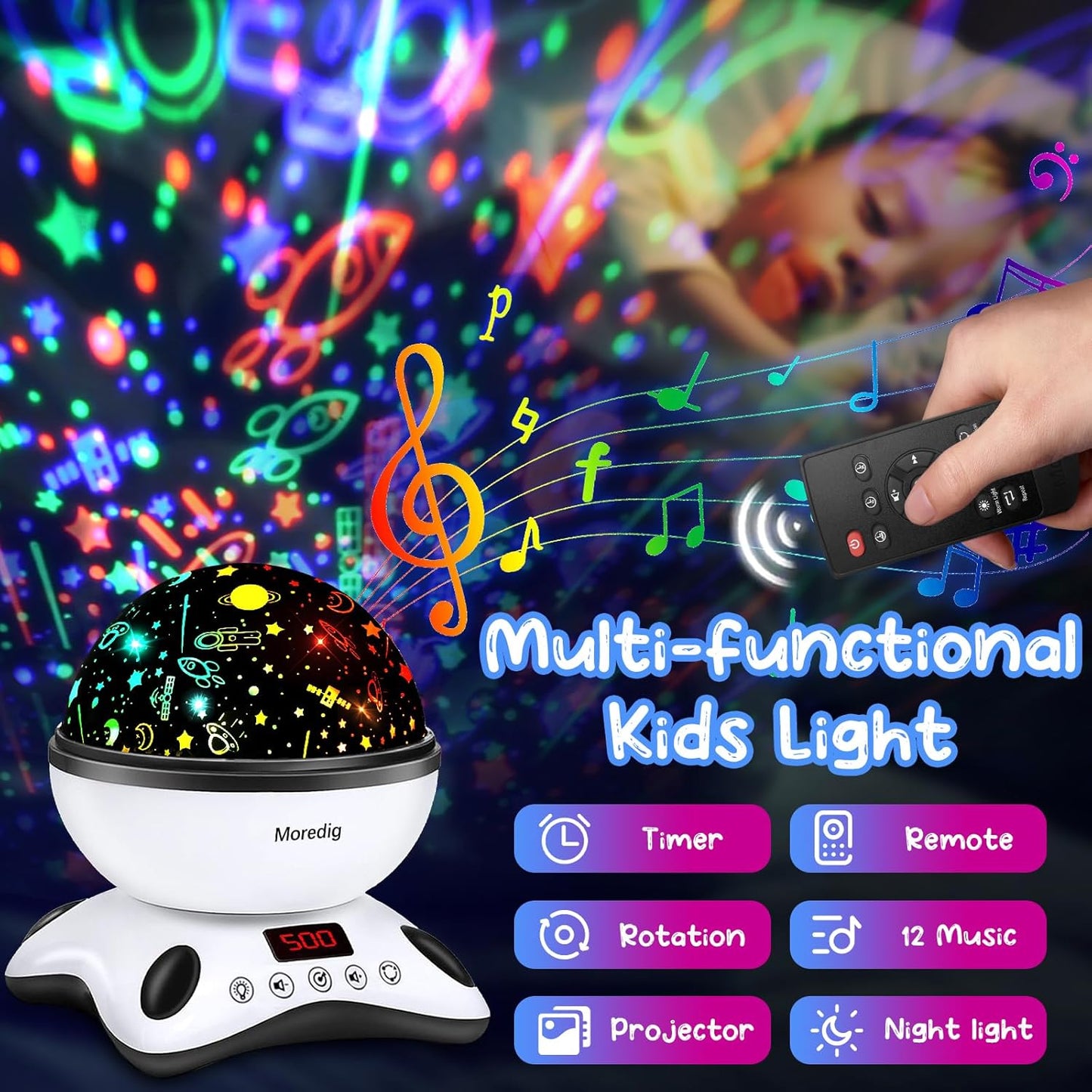 Moredig Kids Night Light Projector, Remote Baby Night Lights for Kids Room with 12 Music Nursery Night Light Projector for Kids Timer 2 Projections 18 Light Modes, Gifts for Baby Kids - Black