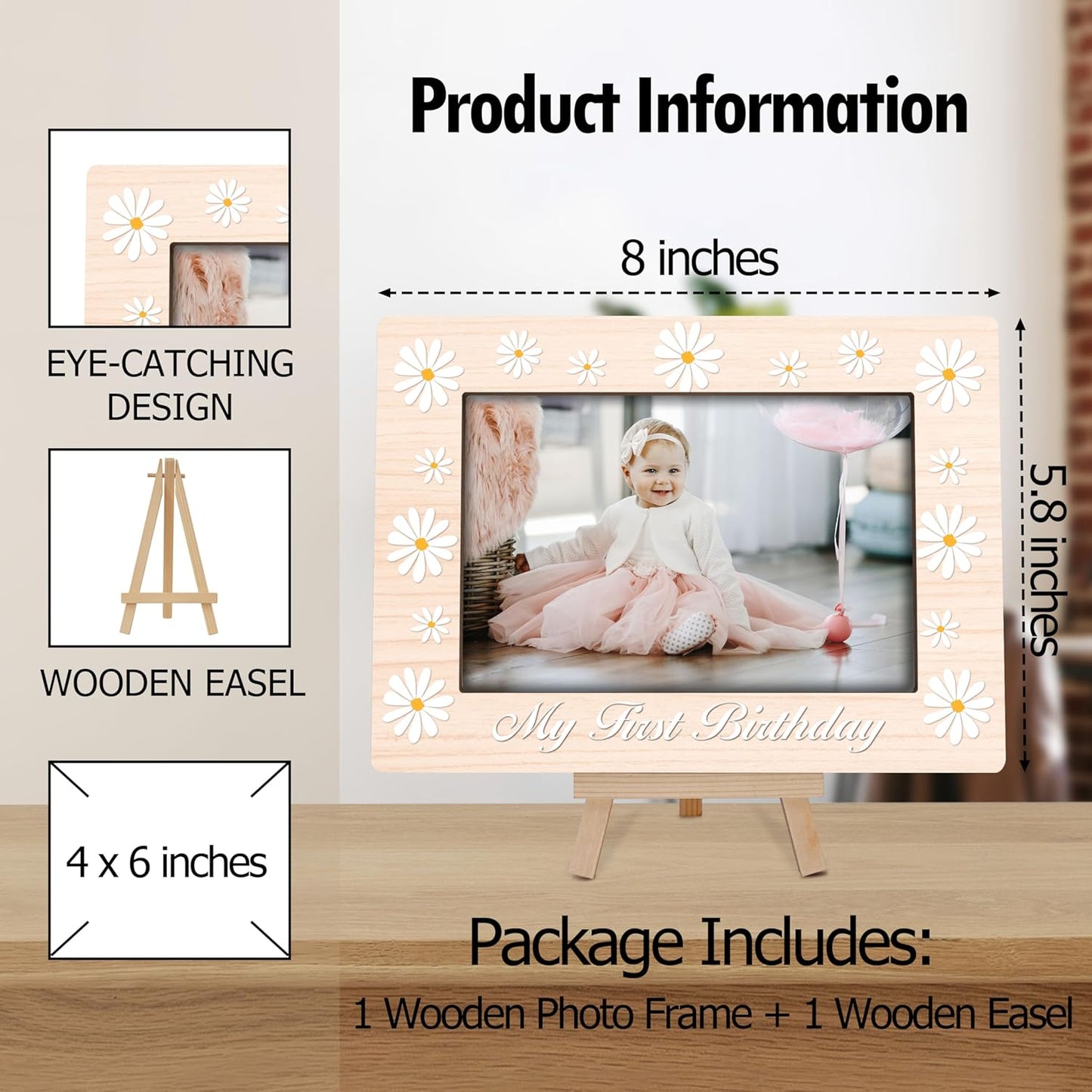 My 1st Birthday Picture Frames, Daisy Wooden 4x6 Photo Frame with Easel, Baby First Year Birthday Gifts for Home Office Tabletop Display Decorations - G02