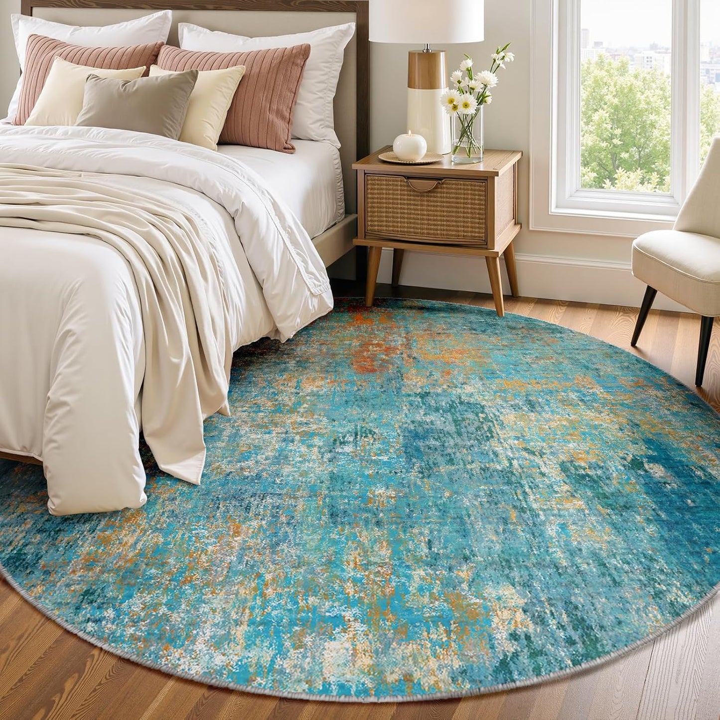 Washable Area Rugs 8ft Non-Slip Modern Abstract Soft for Living Room Entryway Bedroom Nursery, Print Pattern, Teal Blue Green Orange Rust Red Colorful