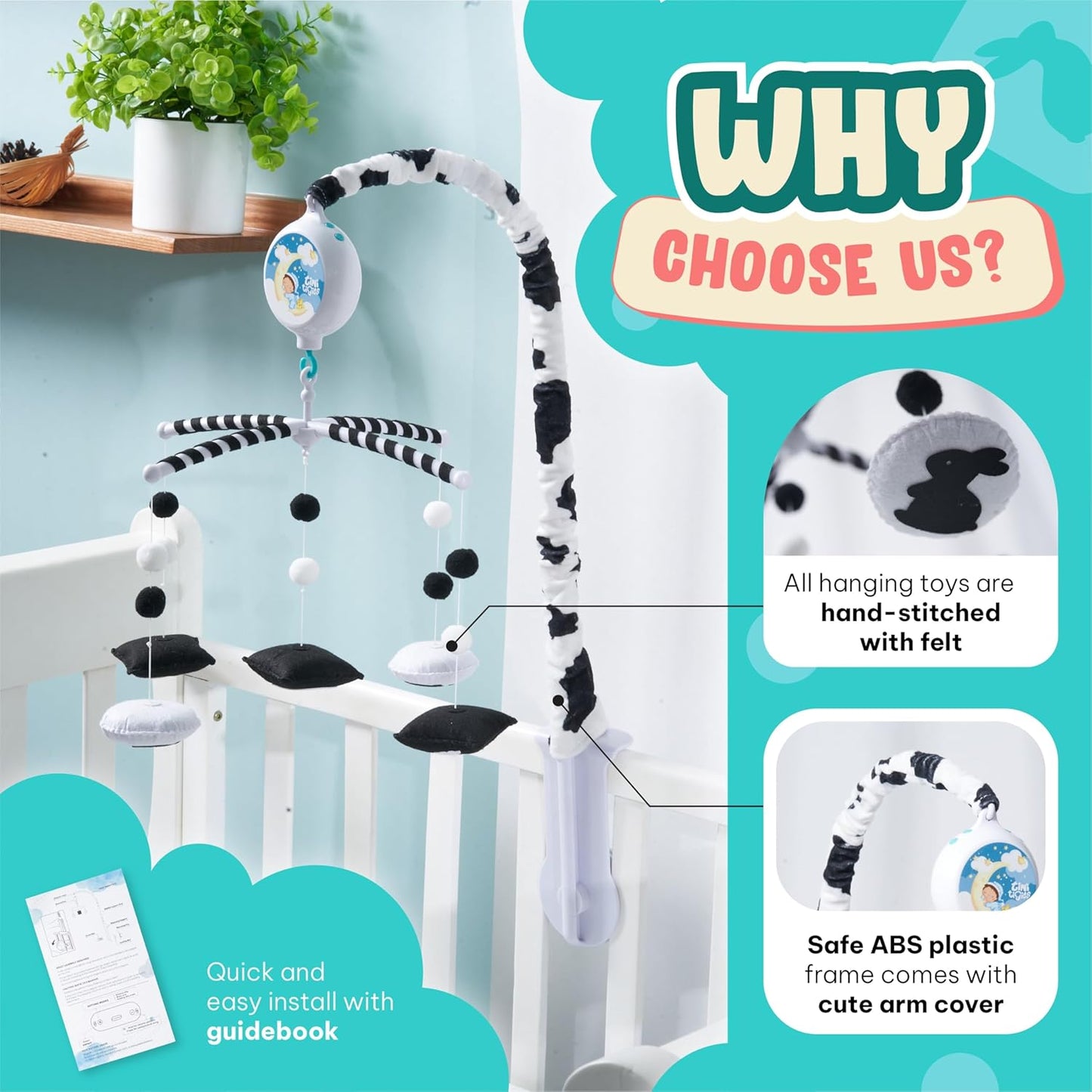 EVERLOVE Montessori Mobile Baby for Crib (TINITIGIES) - Digital Music Box with 12 lullabies & 3 Modes (Rotating only, Music only, or Both) - Black and White Baby Mobile for Boys & Girls