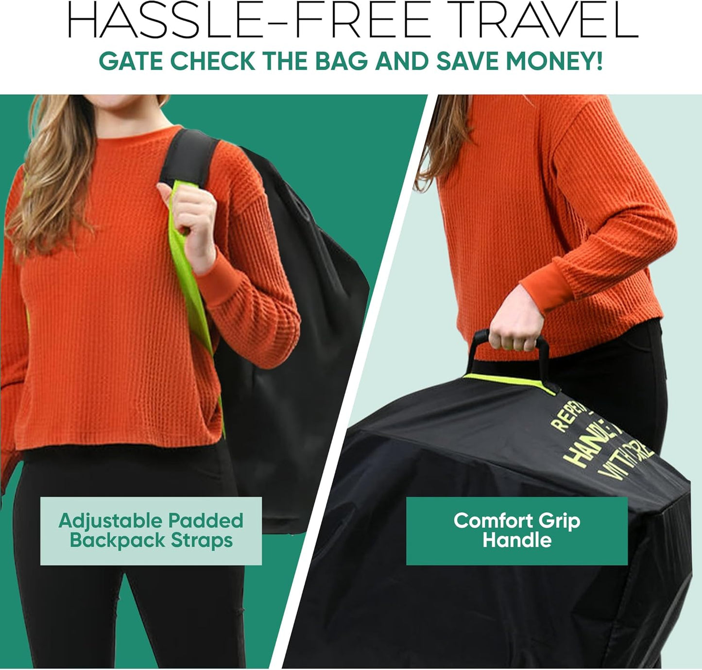 reperkid Medium Stroller Bag for Airplane Travel, Black & Green, 42" H x26 W x13 D, Fits Most Single Strollers Incl. Jogging & Standard Models – Premium Waterproof Cover, Adjustable Shoulder Straps