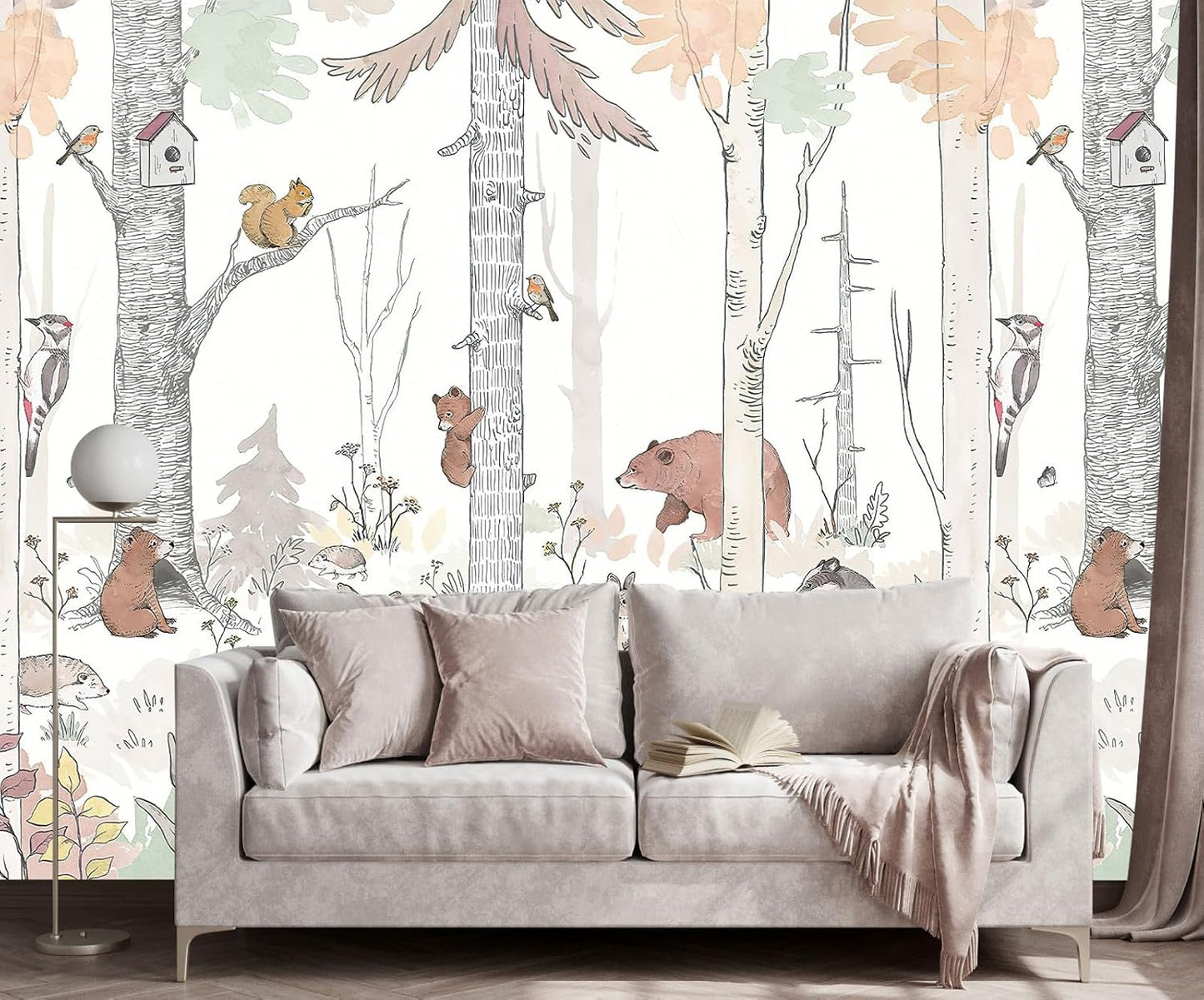 Watercolor Birch Tree Forest Wallpaper Woodland Animal Wall Mural for Kids Bedroom Nursery Room Living Room(Not Self-Adhesive)