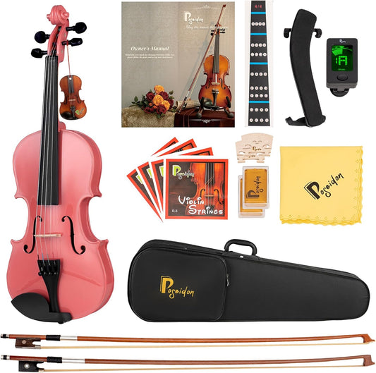 Poseidon Acoustic Violin, 1/4 Size Violin Set with Fiddle for Students Violin Starter Kit/Hard Case, Bow, Rosin, Horse Bridge, Extra Strings, Shoulder Rest, Tuner, Instruction Manual - Pink
