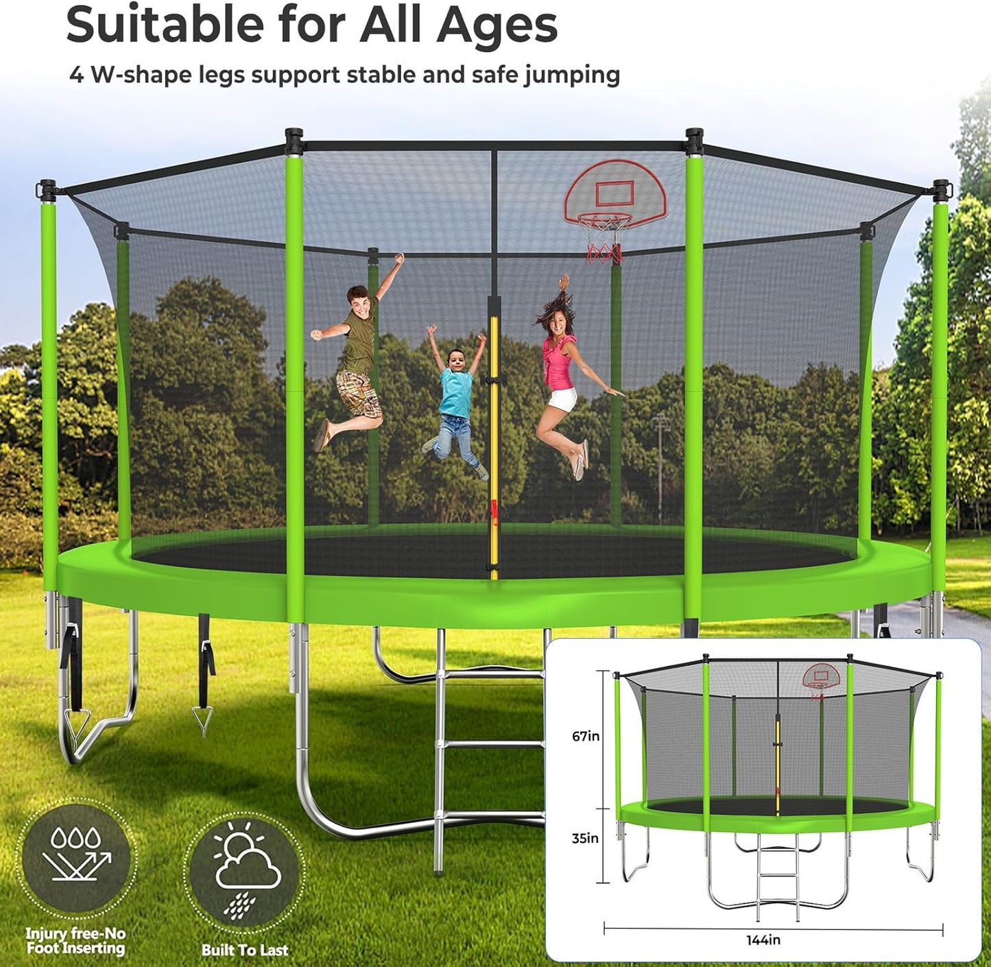 Upgraded 10/12/14/15/16FT Trampoline Outdoor, Large Kids Trampoline with Light, Stakes, Sprinkler, Backyard Trampoline with Basketball Hoop and Net, Capacity for 4-6 Kids and Adults