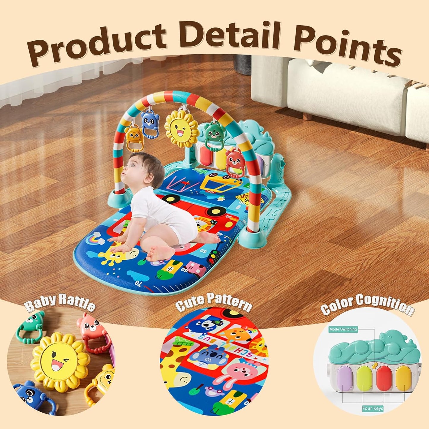 Alive Lovely Baby Gyms Play Mats, Musical Activity Center Baby Piano Gym Mat, Music and Lights Tummy Time Padded Mat for Newborn Newborn 0 to 3 6 9 12 Months