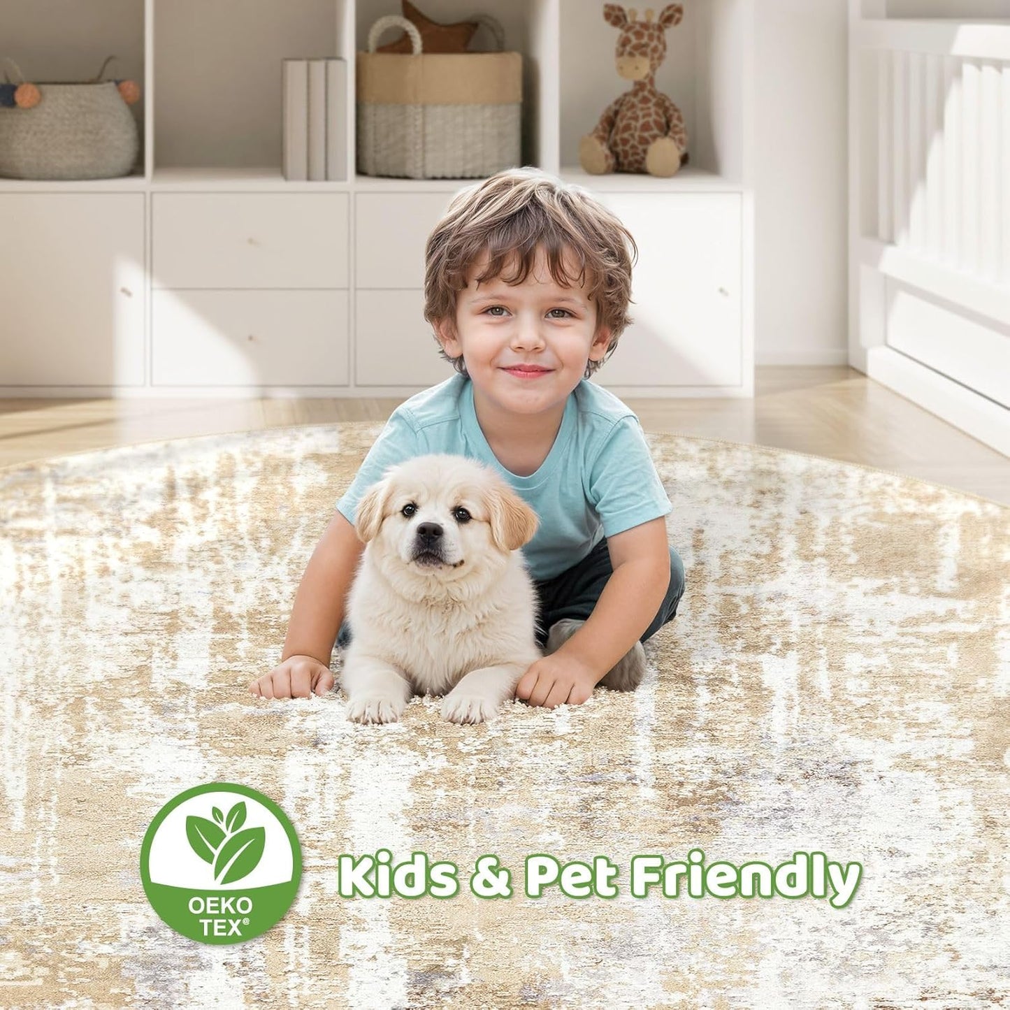 Round Rug Living Room Rugs: 8Ft Washable Circle Large Abstract Modern Soft Stain Resistant Non Slip Indoor Floor Carpet for Bedroom Nursery Office Dining Room Dorm Home House Decor- Gray Gold