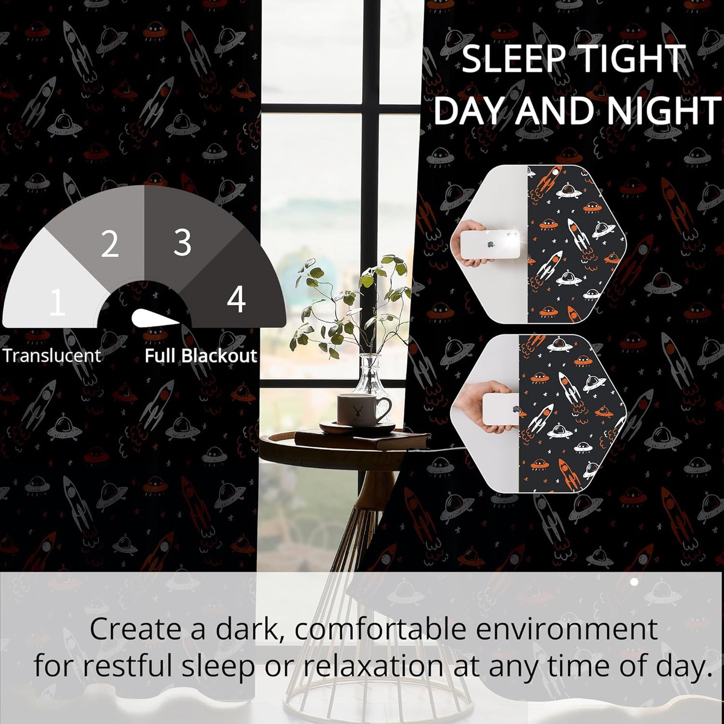 Kids Space UFO and Rocket Blackout Curtains - 100% Blackout, Thermal Insulated, Noise Reducing, Perfect for Kids Room and Nursery, 2 Panels (Starlight Rocket Chase, W52×L63)