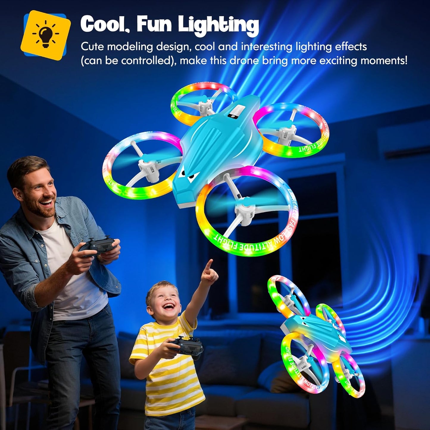 Drones for Kids With Cool Light, Kids Drone with 3D Flip, Altitude-Hold, Self-Rotation, Headless Mode, 3 Speed Modes, One-Click Take-off/Landing, Mini Drone for Beginners, Indoor（Light Blue）